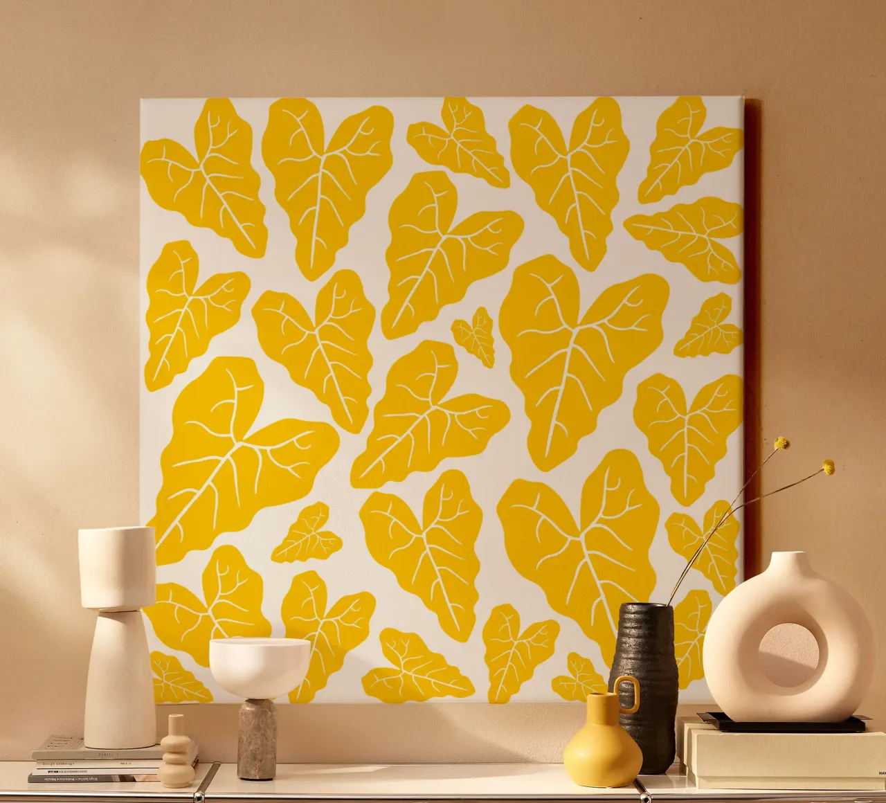 Yellow leaves pattern tela con Cornice a cassetta da baobabprintstore