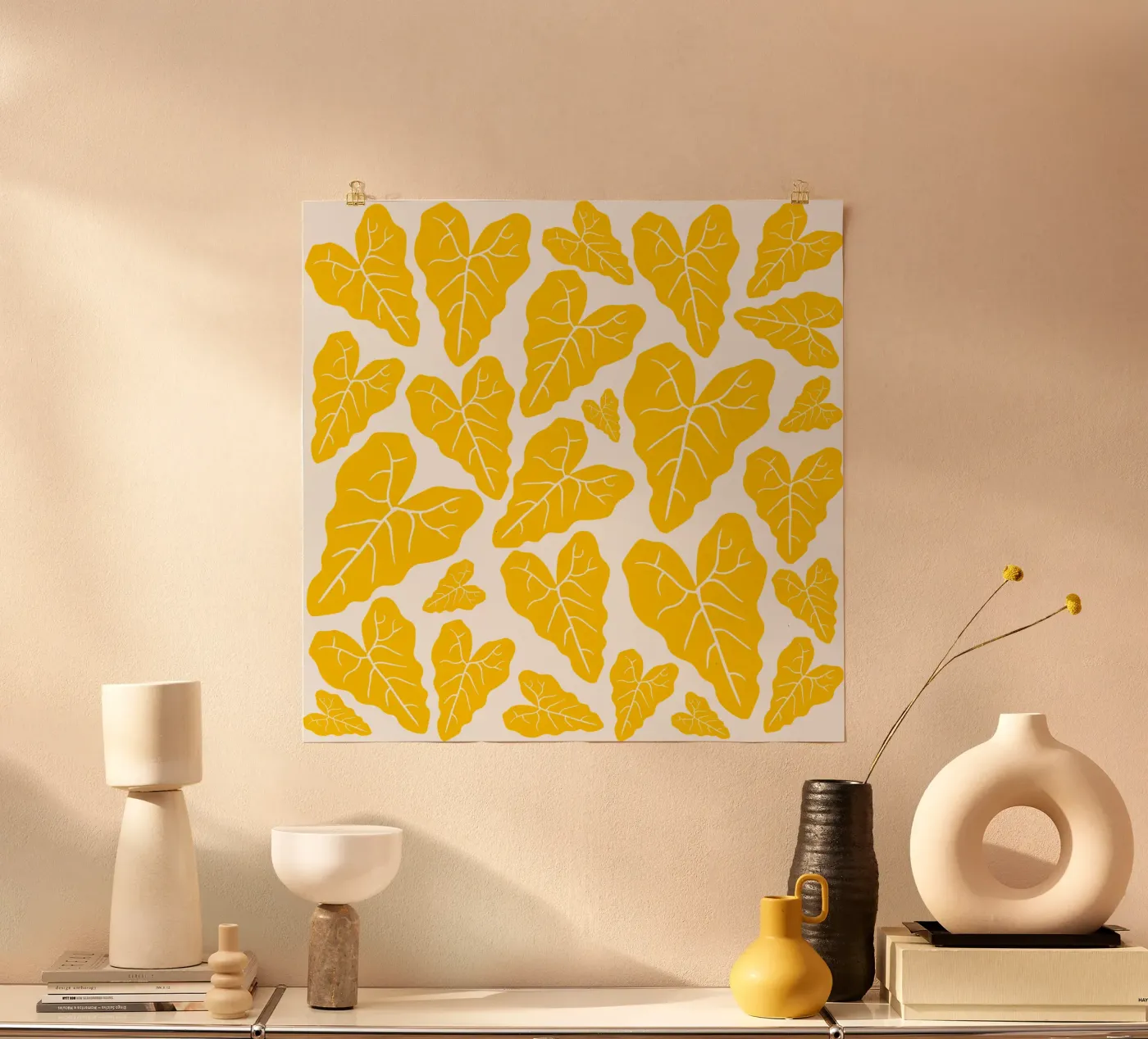 Yellow leaves pattern poster by baobabprintstore