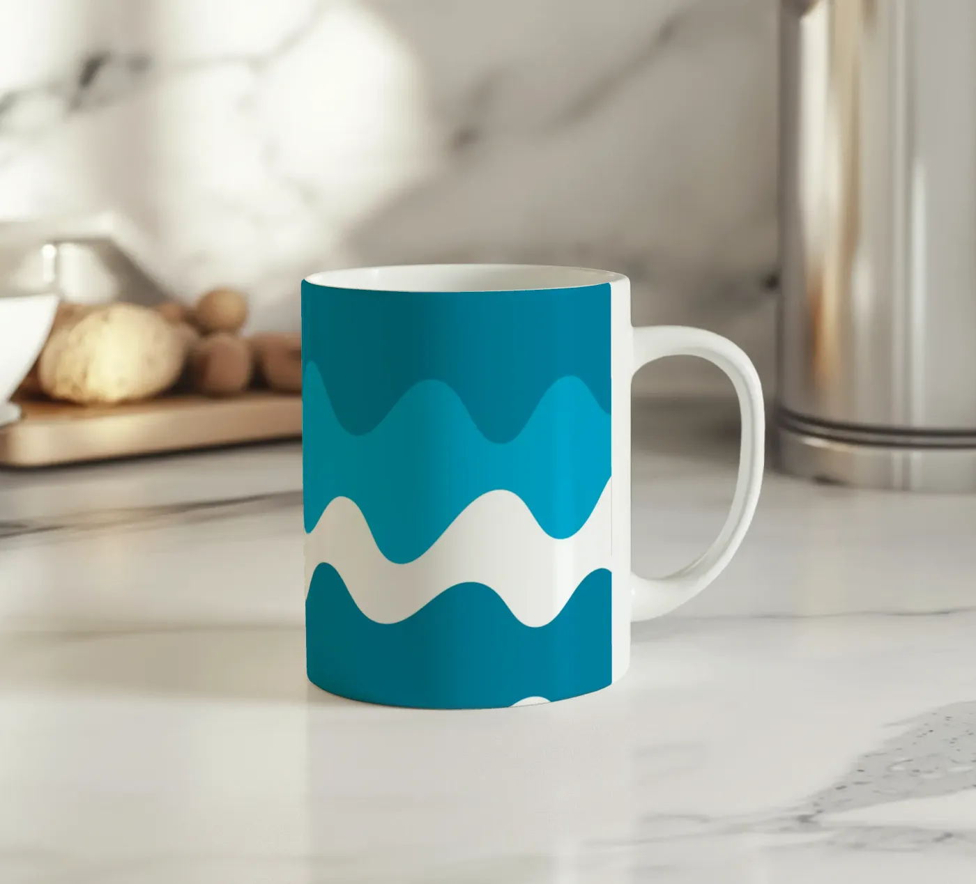 Blue horizontal wavy gradient ceramic mug by baobabprintstore