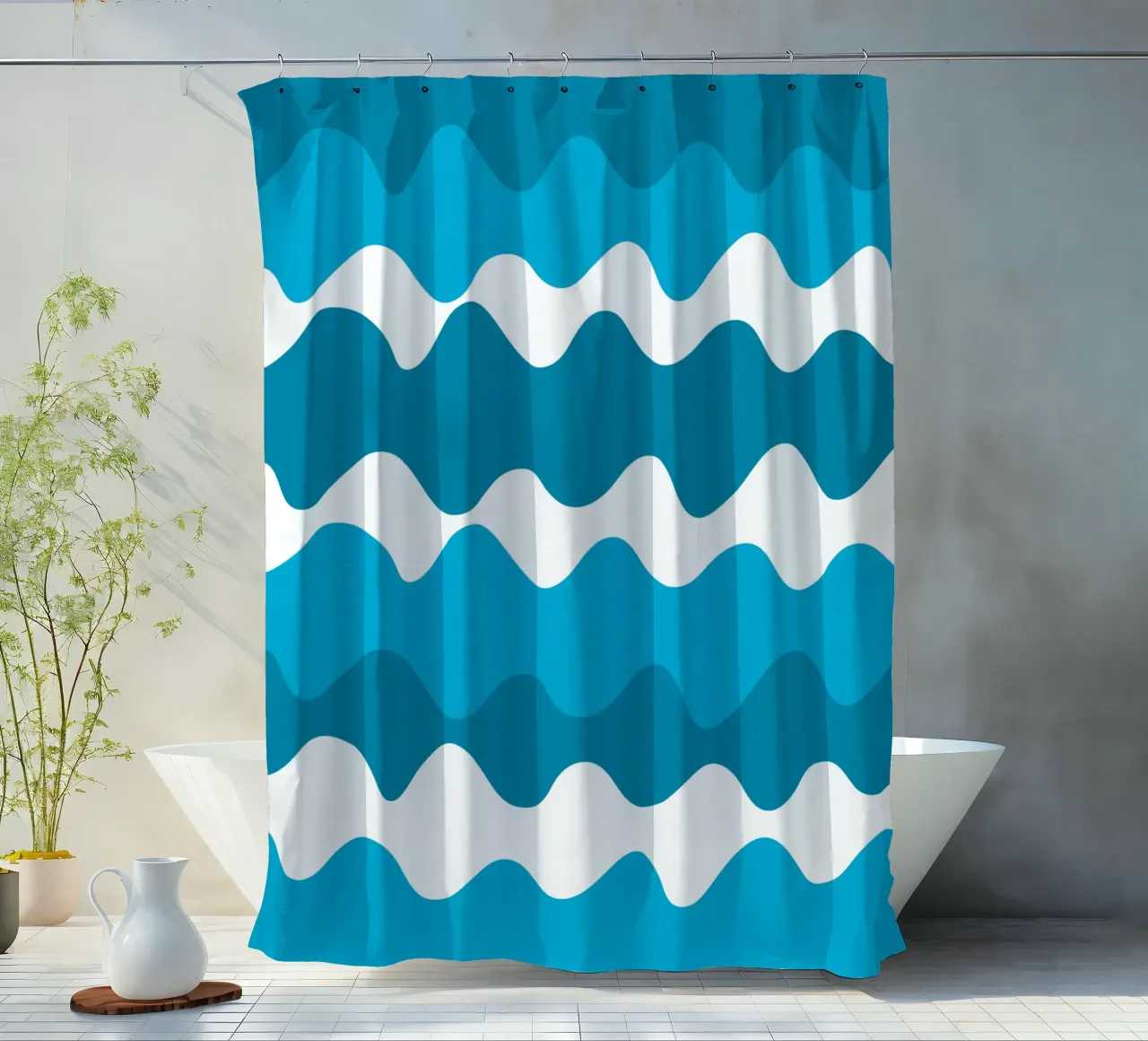 Blue horizontal wavy gradient tenda da doccia da baobabprintstore