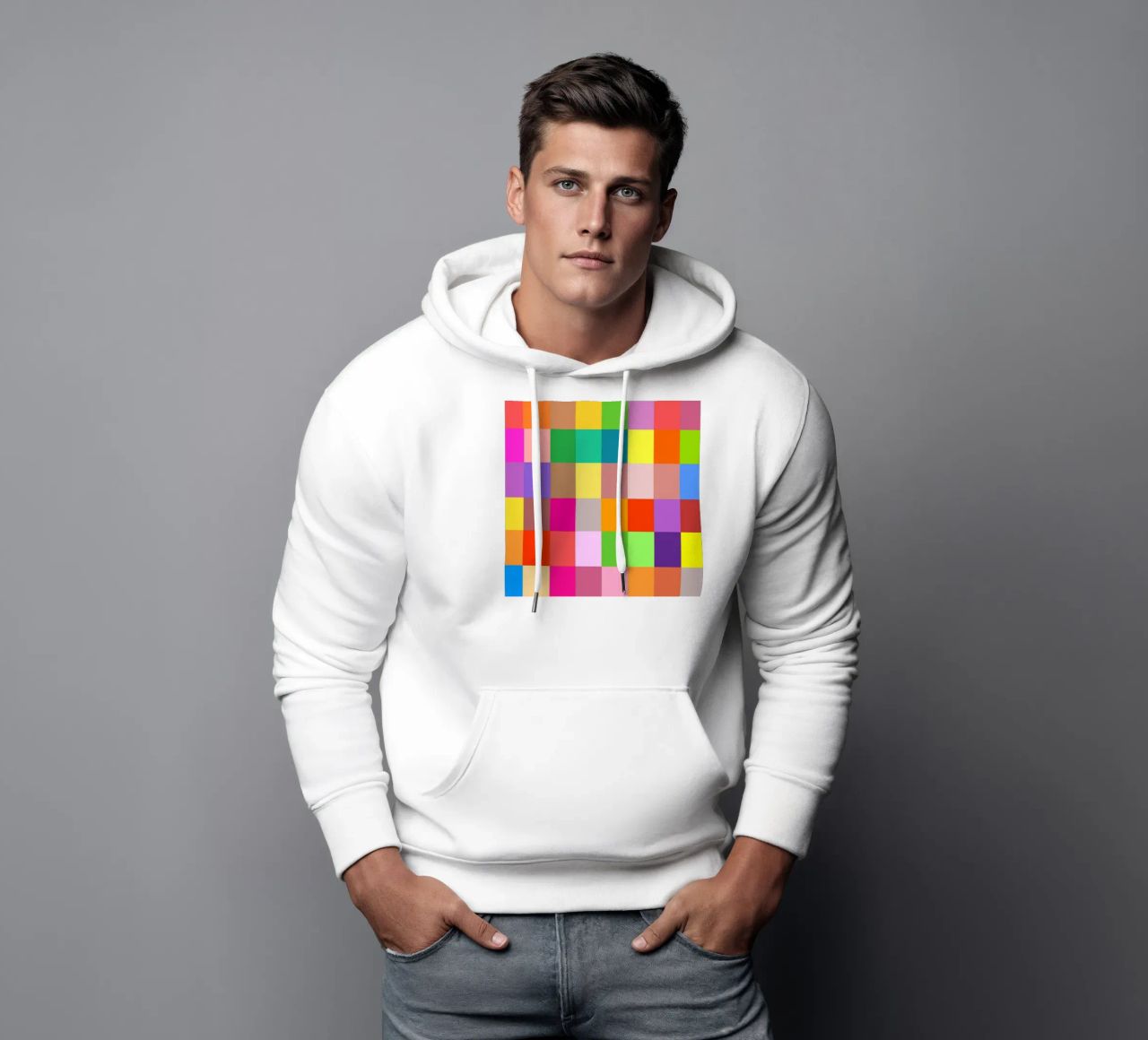 Colorful retro squares pattern felpa con cappuccio da baobabprintstore