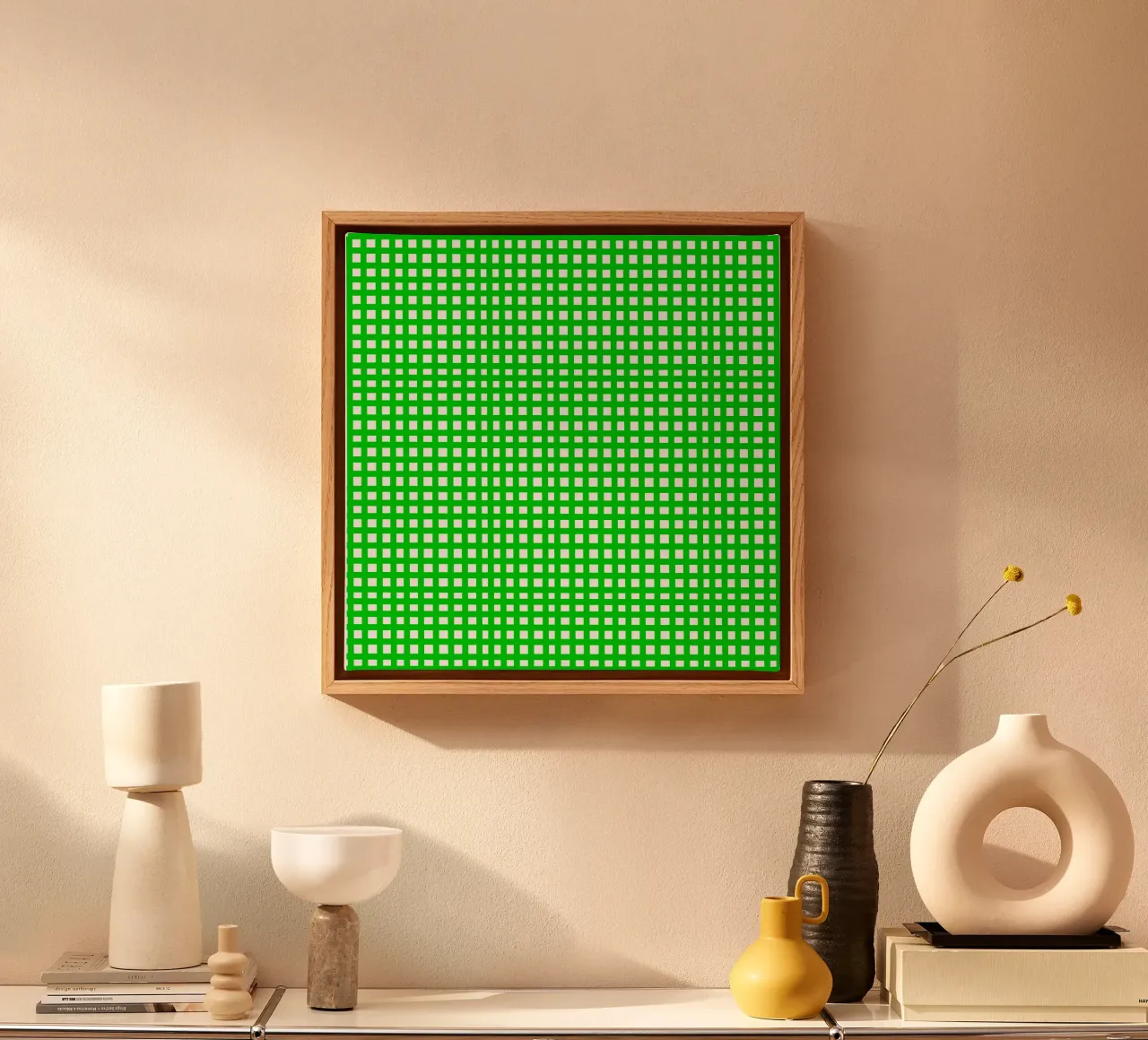 Green square mesh grid canvas with Floater frame by baobabprintstore