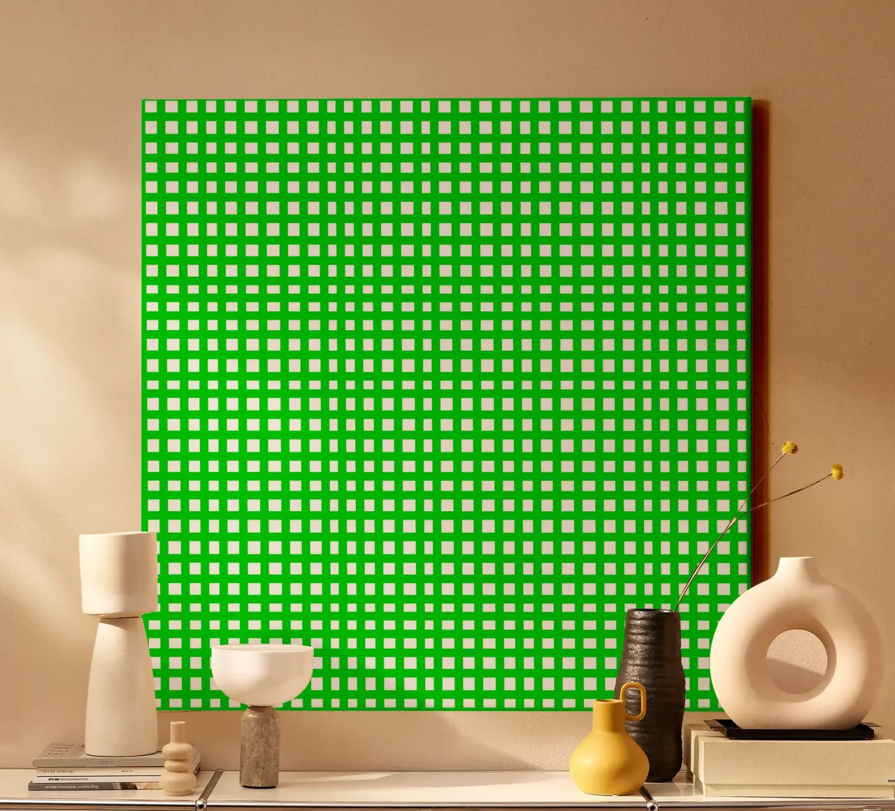 Green square mesh grid canvas with Floater frame by baobabprintstore