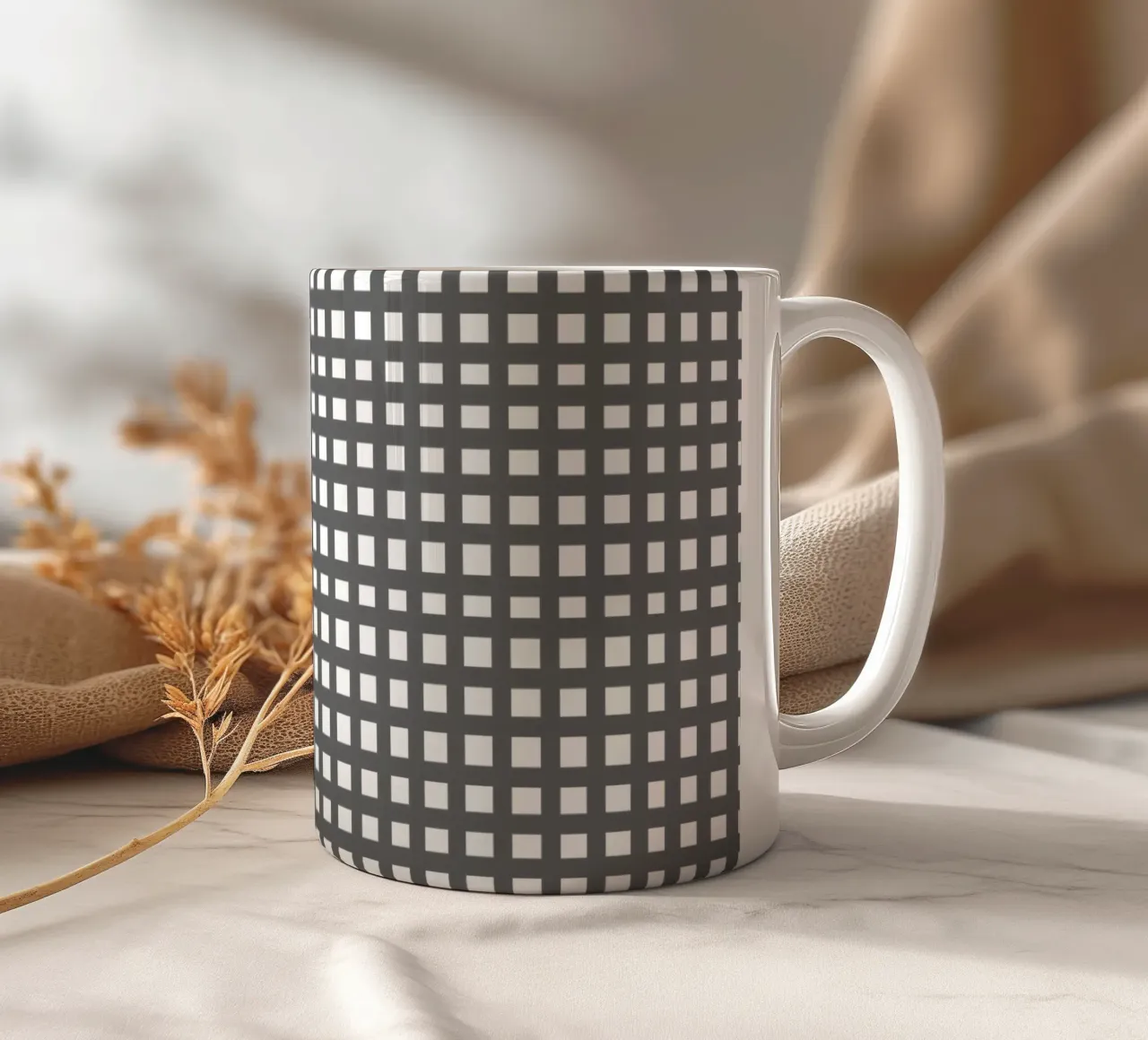Grey square mesh grid keramische mok van baobabprintstore