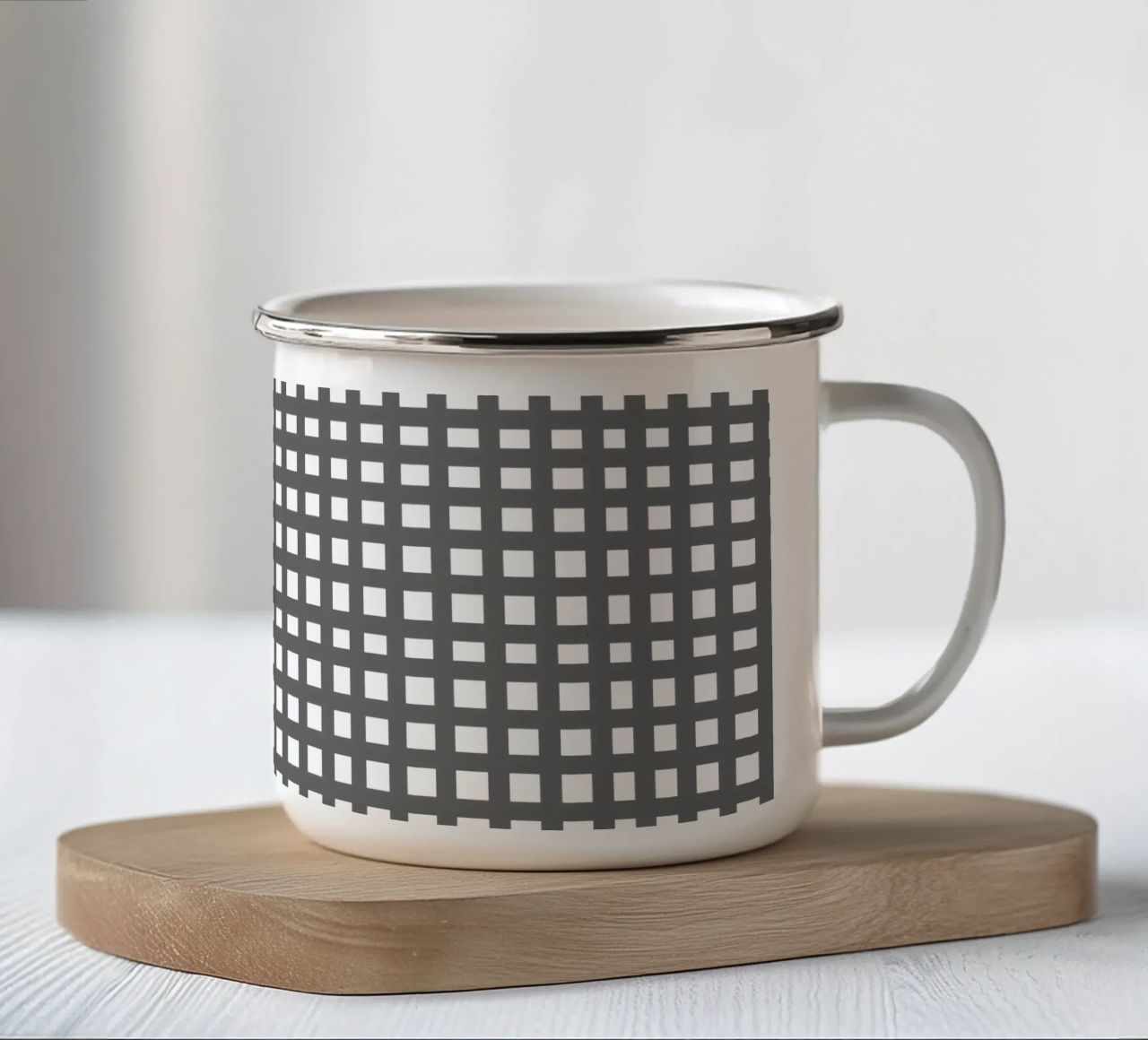 Grey square mesh grid emaille mok van baobabprintstore