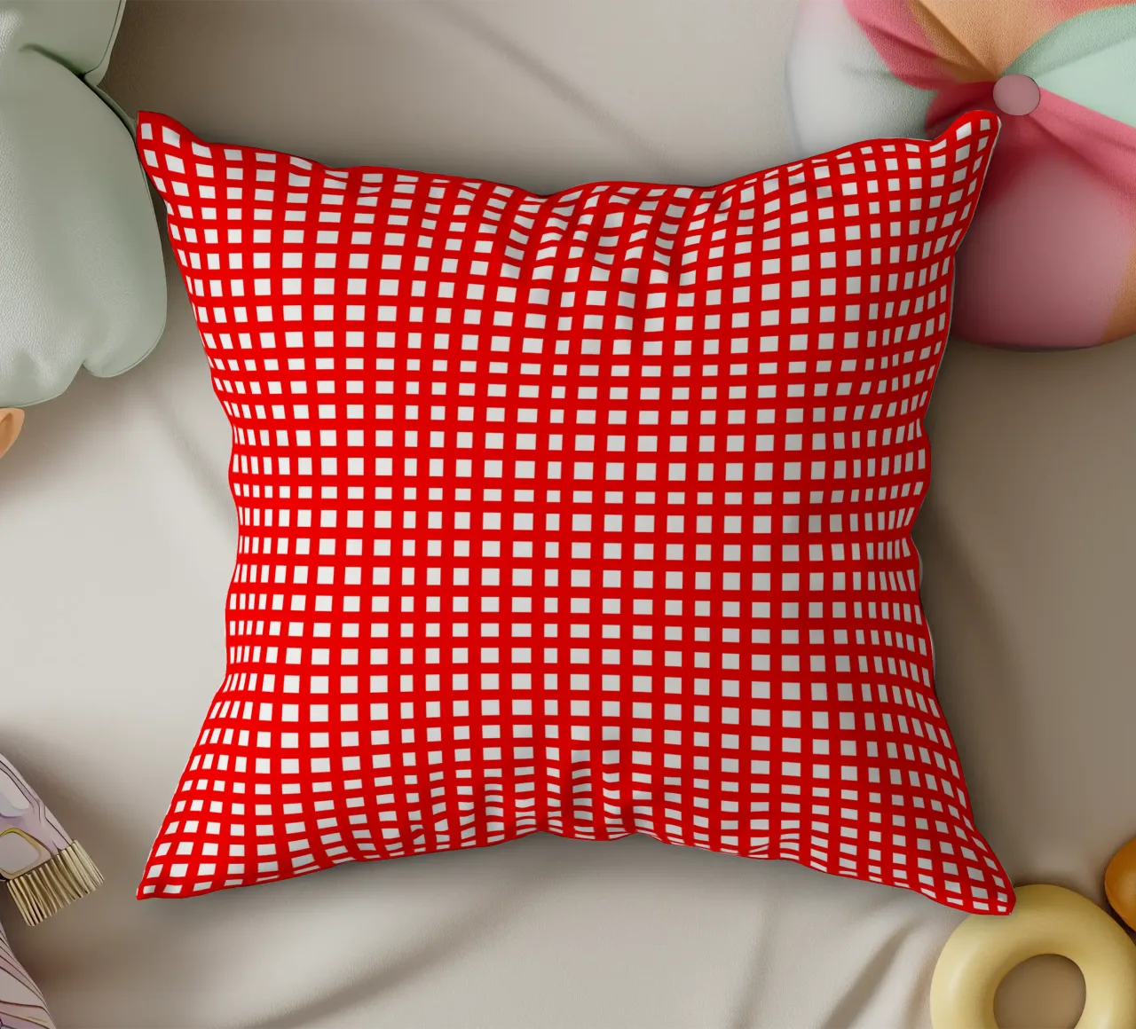 Red square mesh grid decorative cushion by baobabprintstore