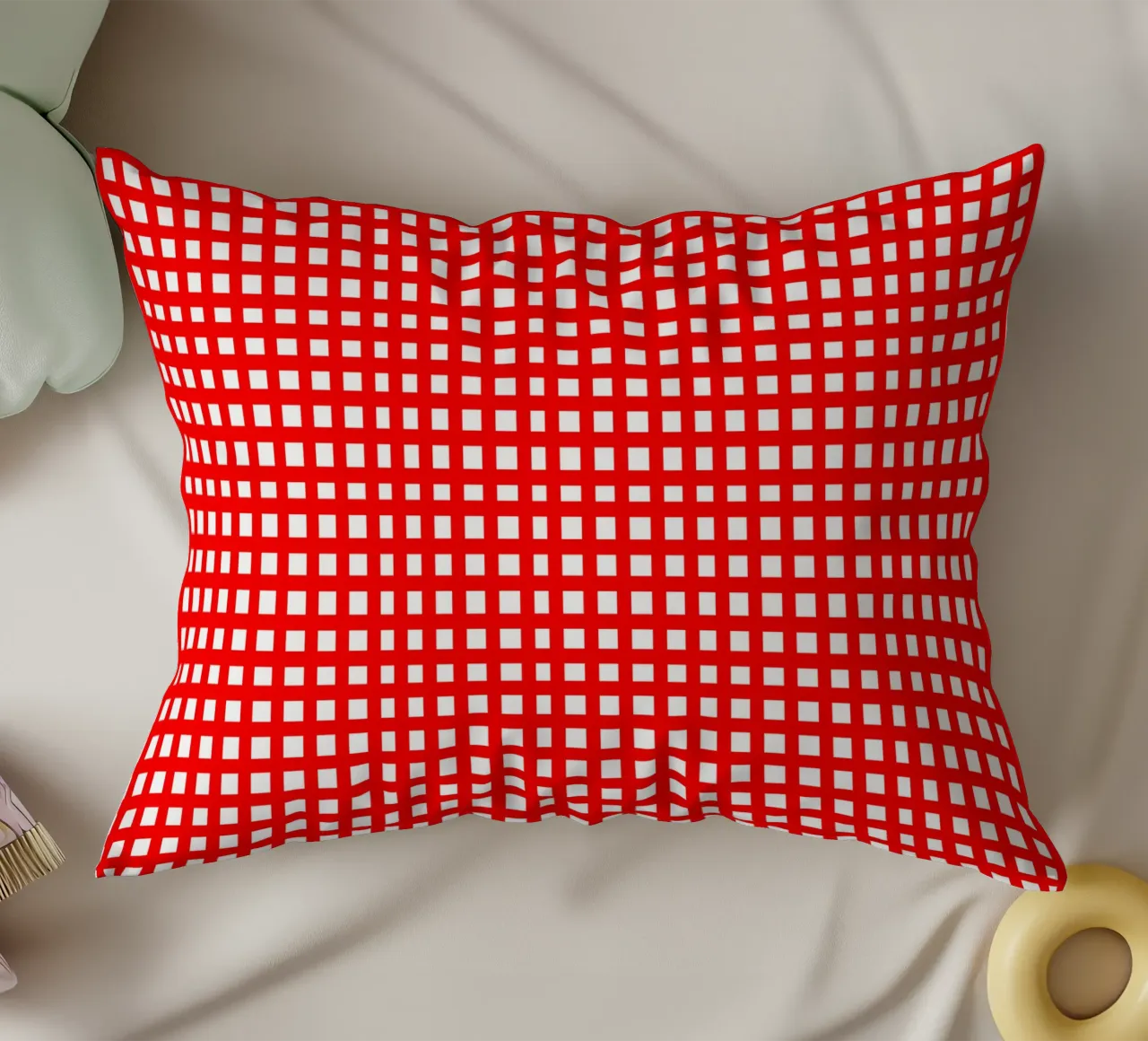 Red square mesh grid decorative cushion by baobabprintstore