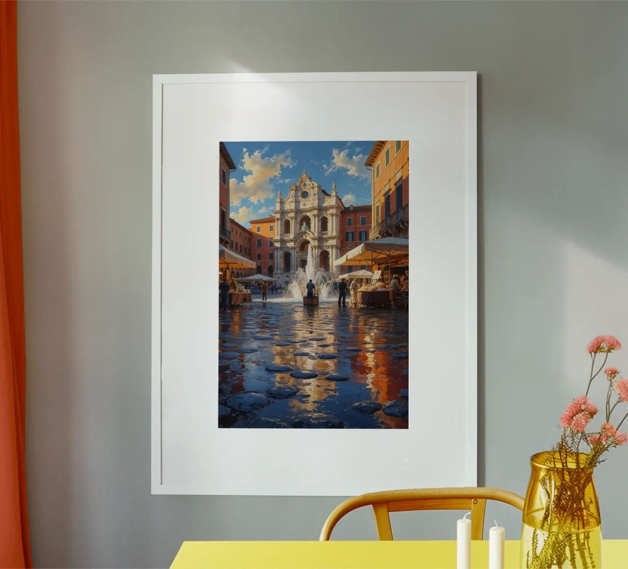 Baroque Piazza with Central Fountain Reflection poster con telaio in alluminio da AlbertKlee