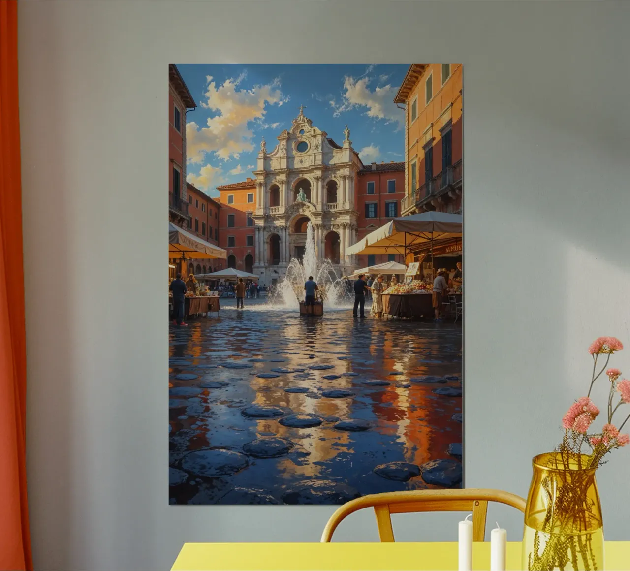 Baroque Piazza with Central Fountain Reflection poster con telaio in alluminio da AlbertKlee