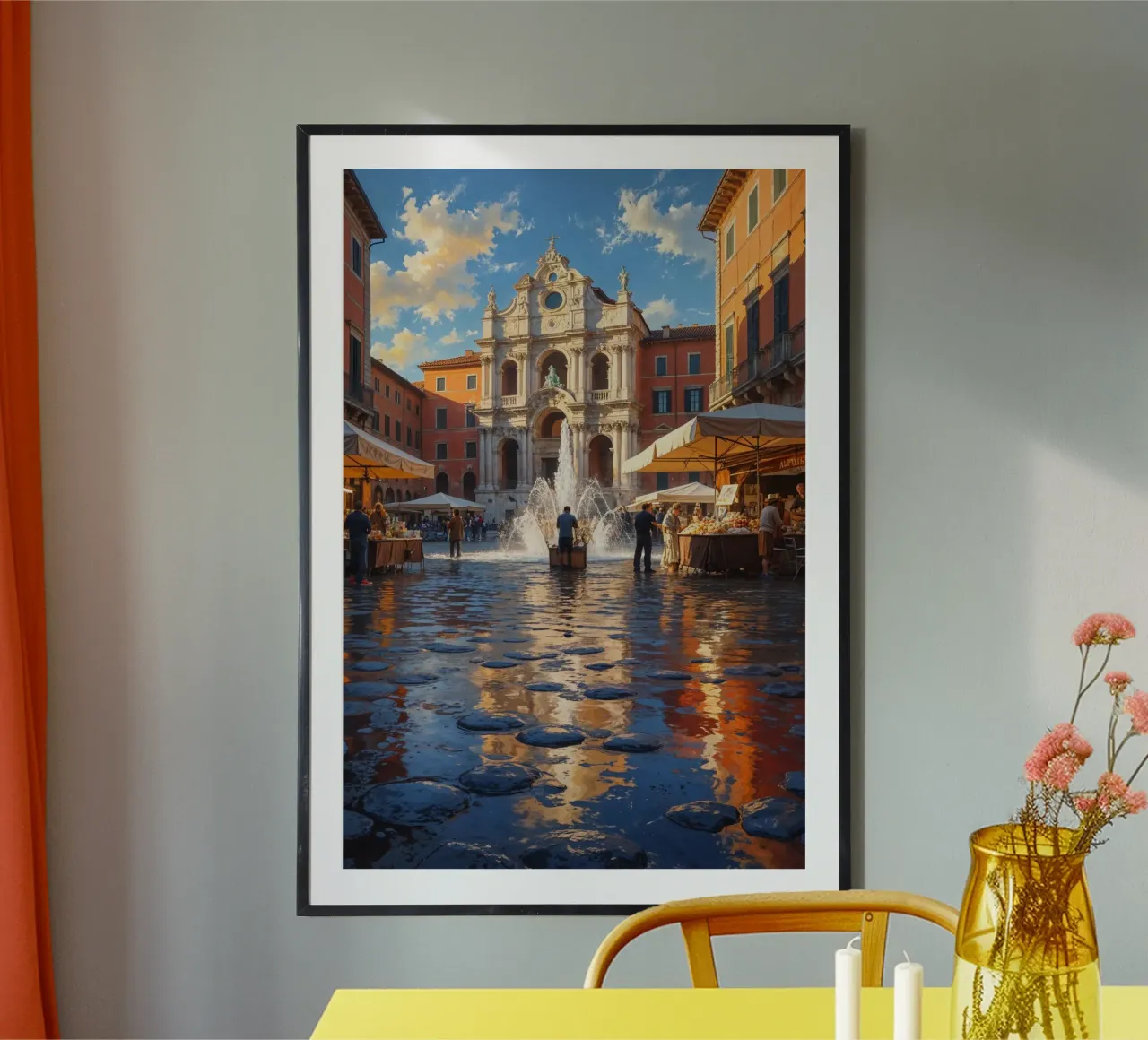 Baroque Piazza with Central Fountain Reflection poster con telaio in alluminio da AlbertKlee