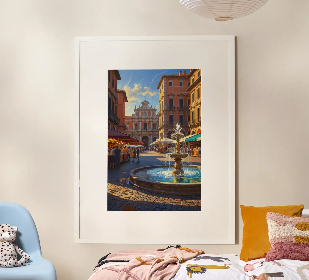 Sunlit Italian Square with Radiant Fountain poster con telaio in legno da AlbertKlee