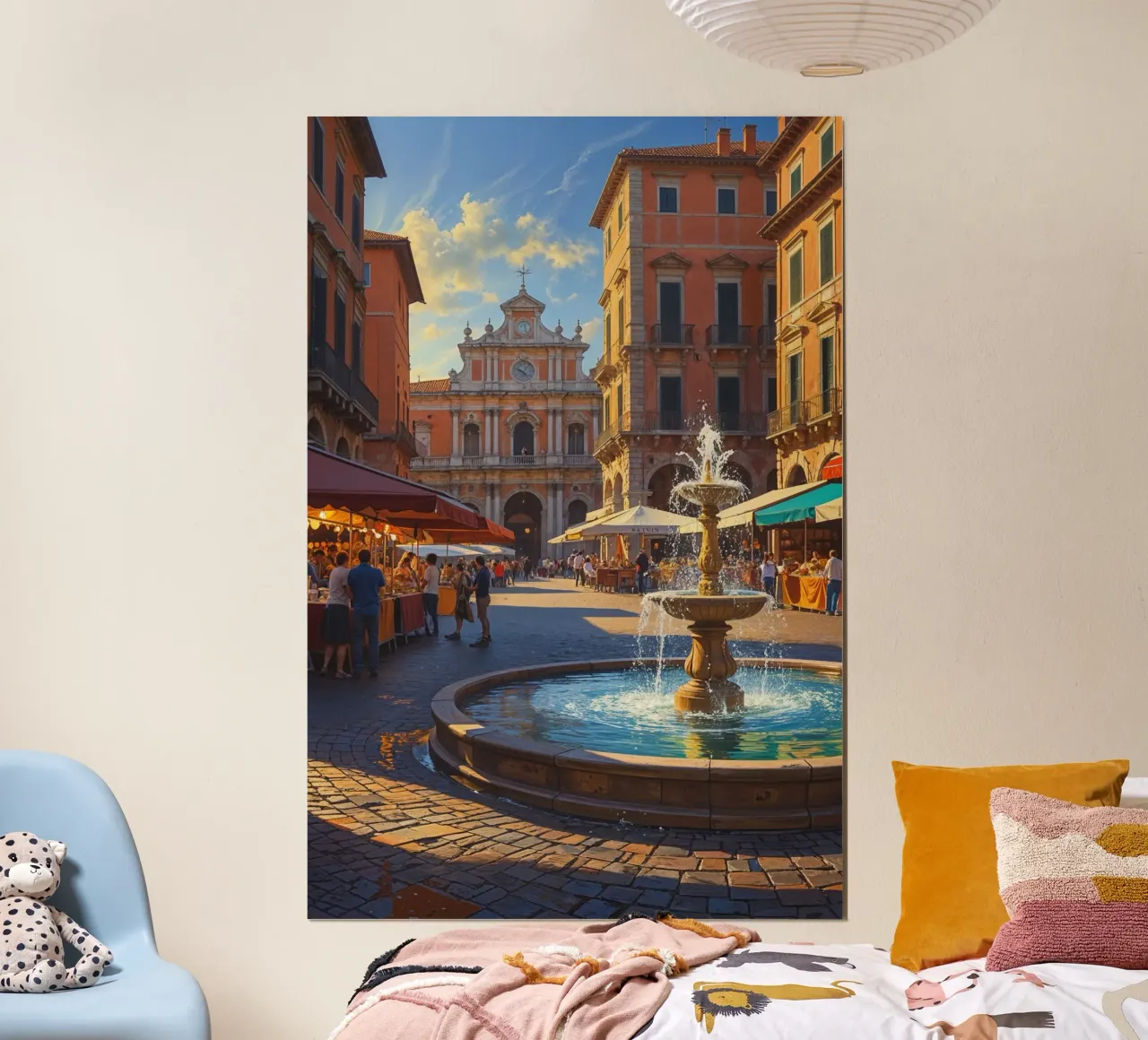 Sunlit Italian Square with Radiant Fountain poster con telaio in legno da AlbertKlee