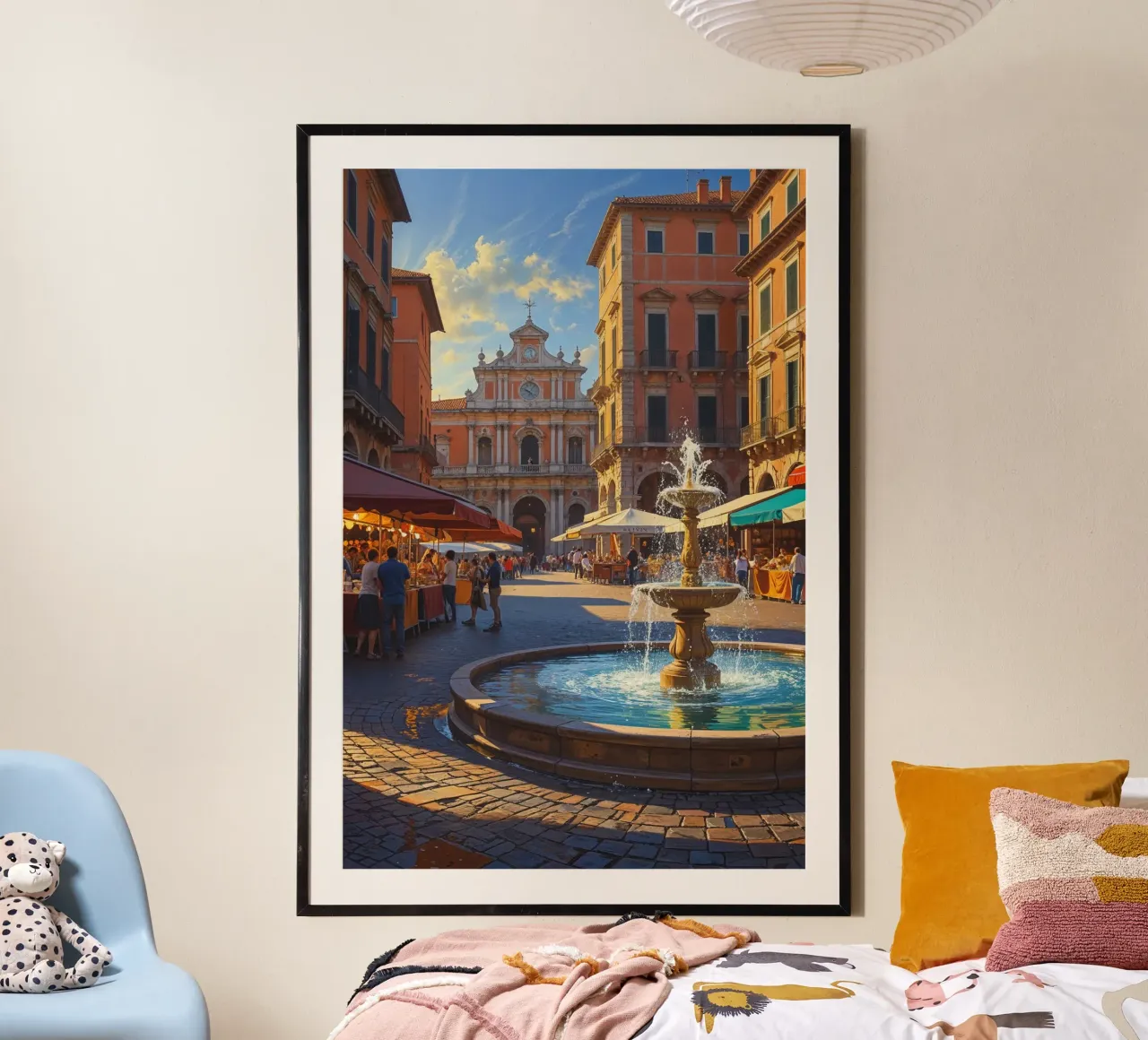 Sunlit Italian Square with Radiant Fountain poster con telaio in legno da AlbertKlee