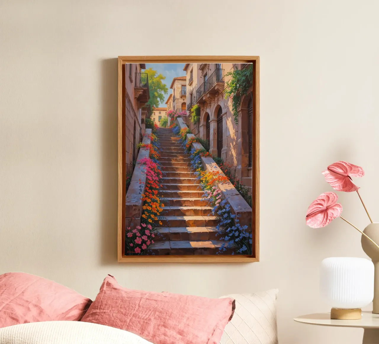 Spanish Steps adorned with vibrant floral arrangements tela con Cornice a cassetta da AlbertKlee