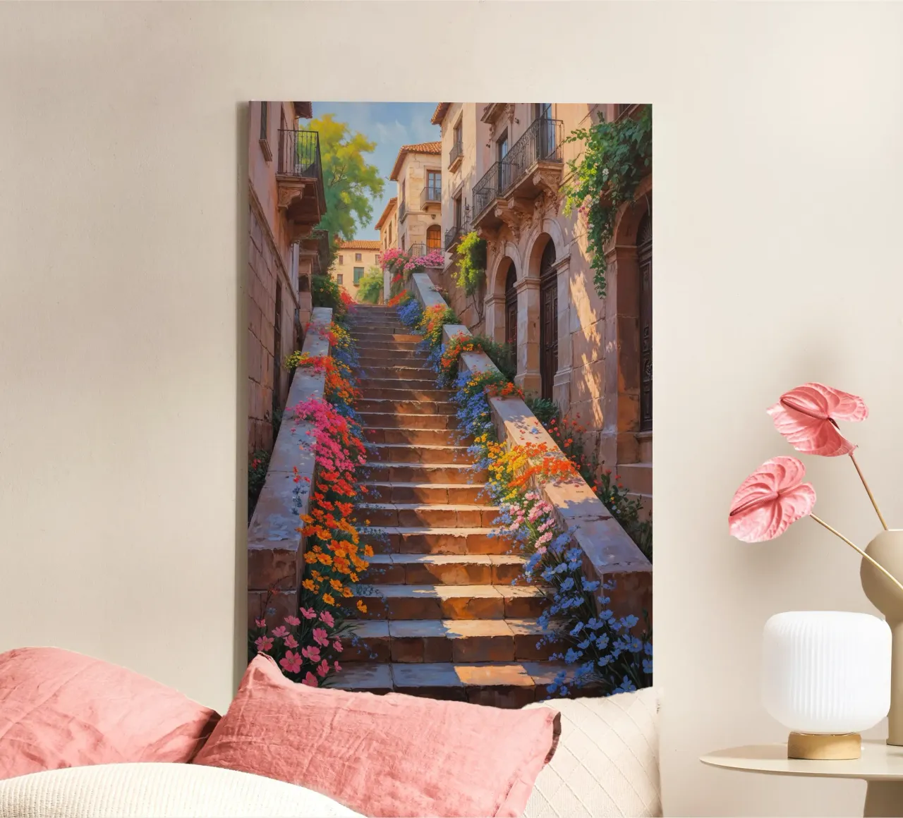 Spanish Steps adorned with vibrant floral arrangements tela con Cornice a cassetta da AlbertKlee