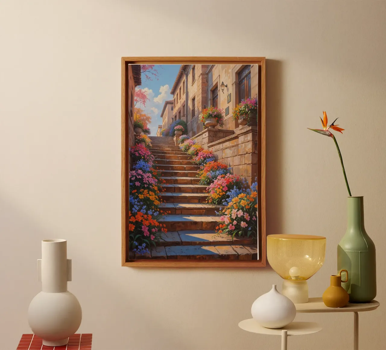Sunlit Spanish Steps with a burst of floral colors tela con Cornice a cassetta da AlbertKlee