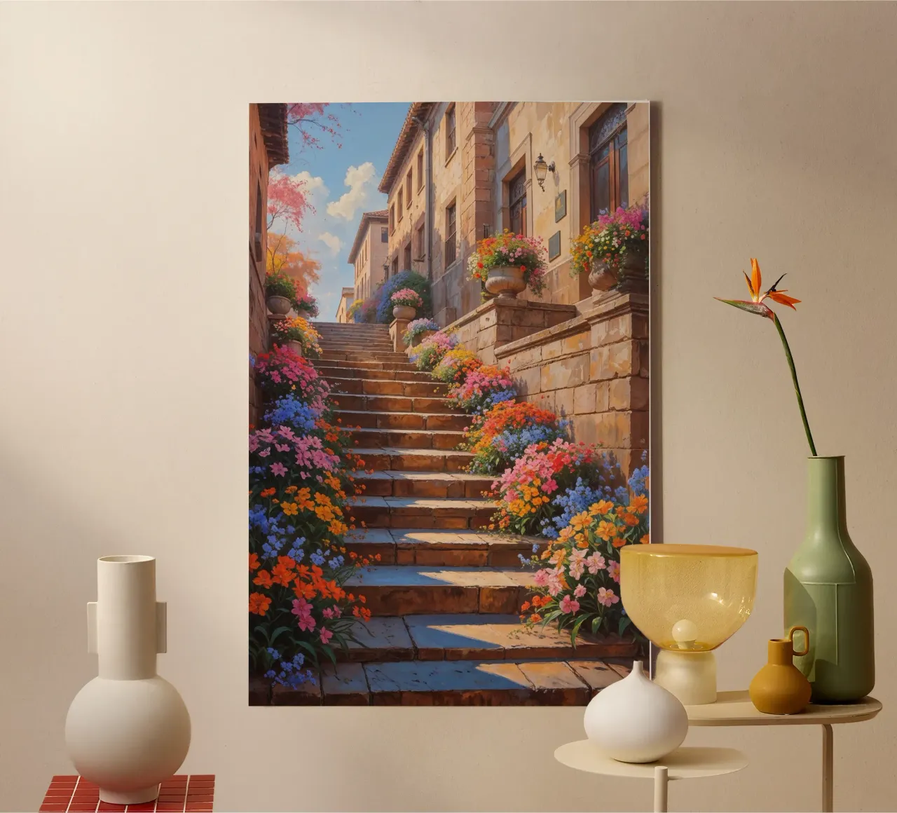 Sunlit Spanish Steps with a burst of floral colors tela con Cornice a cassetta da AlbertKlee