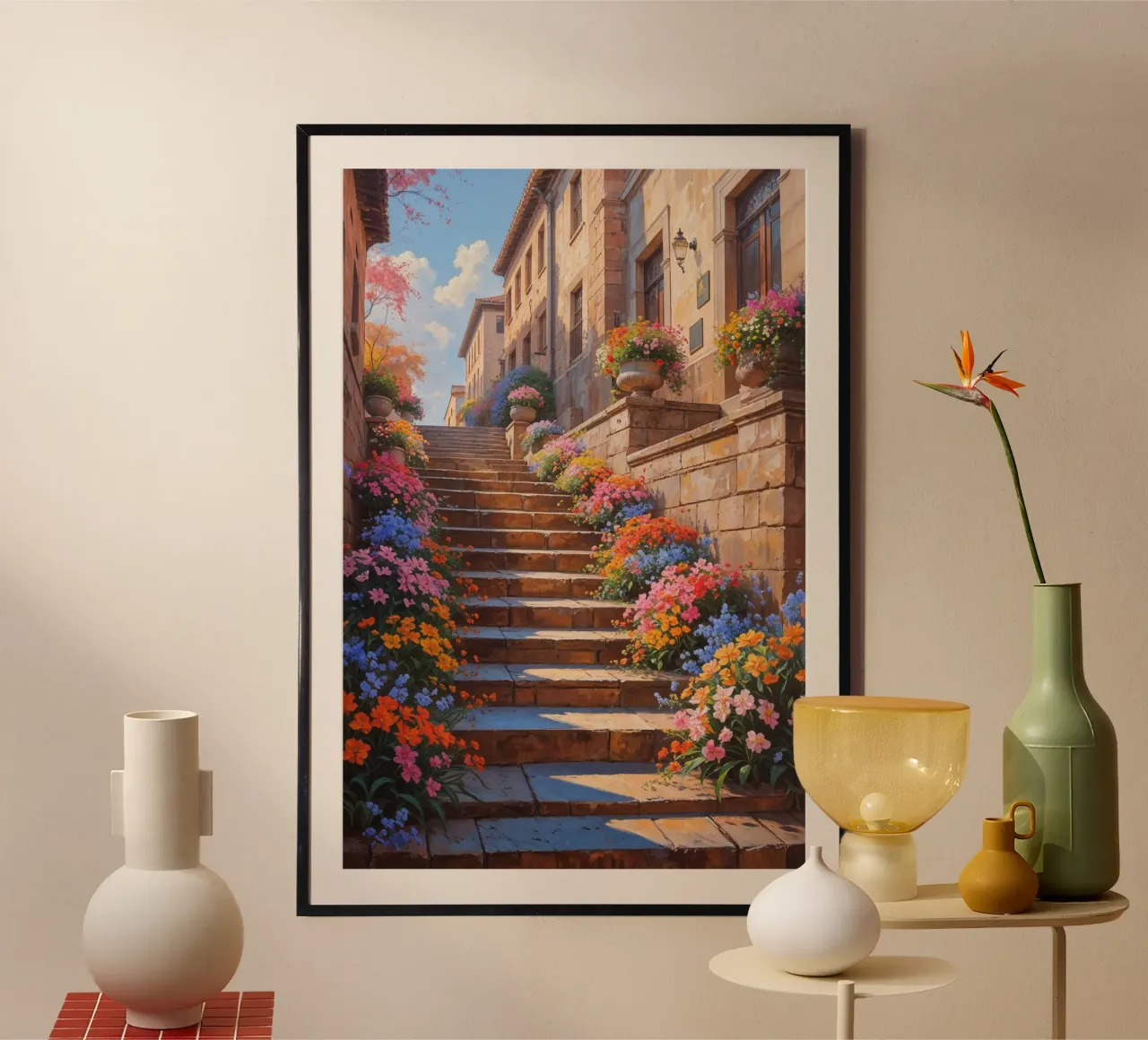 Sunlit Spanish Steps with a burst of floral colors poster da AlbertKlee