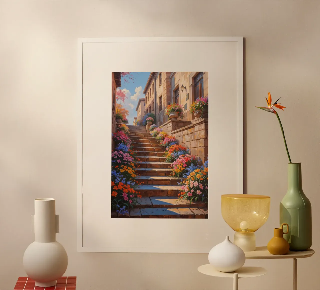Sunlit Spanish Steps with a burst of floral colors poster da AlbertKlee