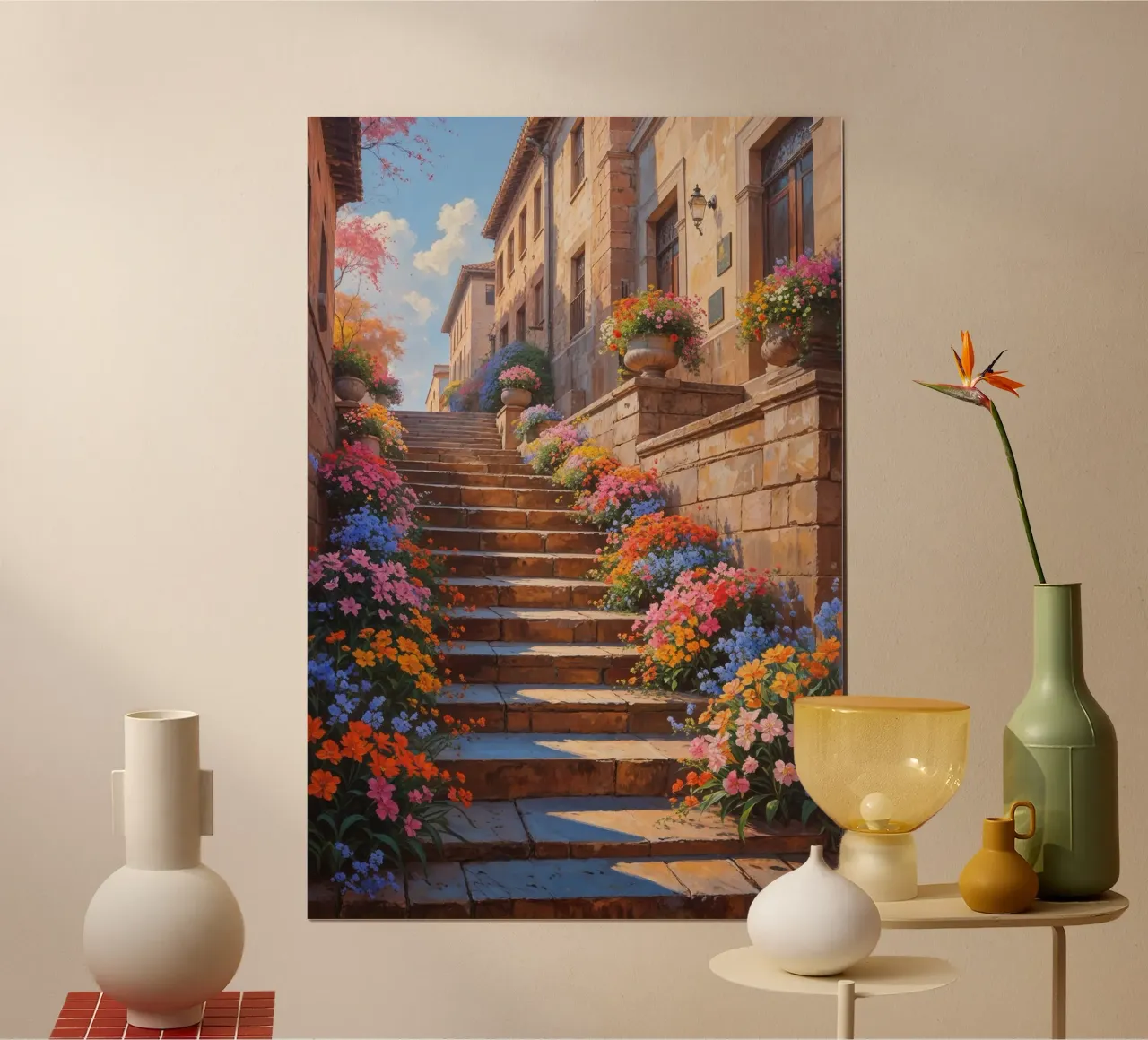 Sunlit Spanish Steps with a burst of floral colors poster da AlbertKlee