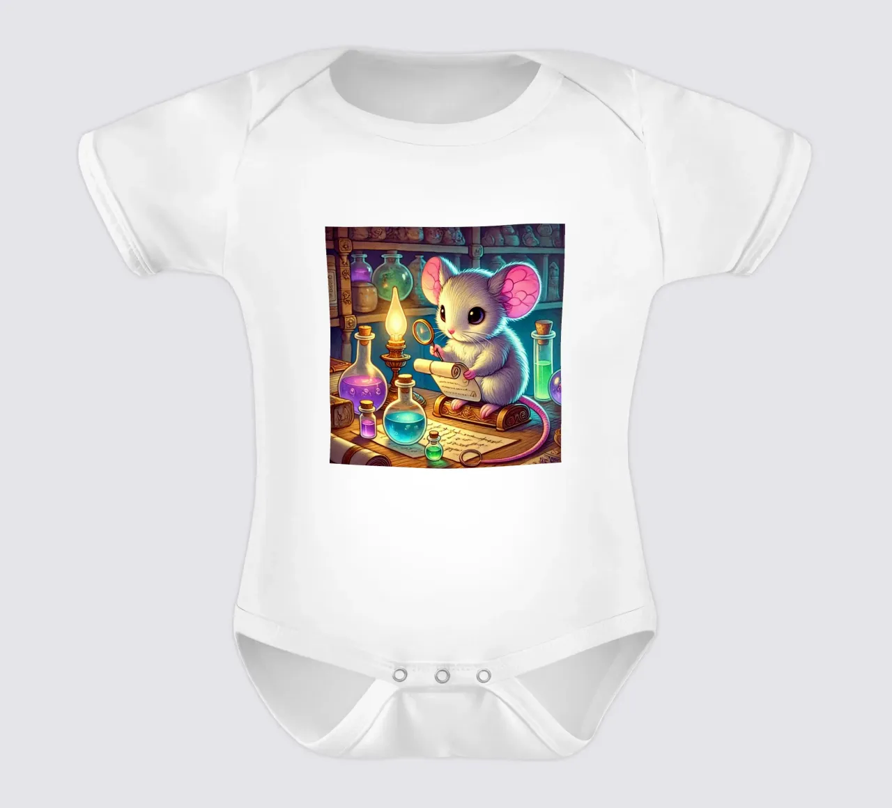 The Curious Mouse Scientist short-sleeve baby romper by FluffyToons