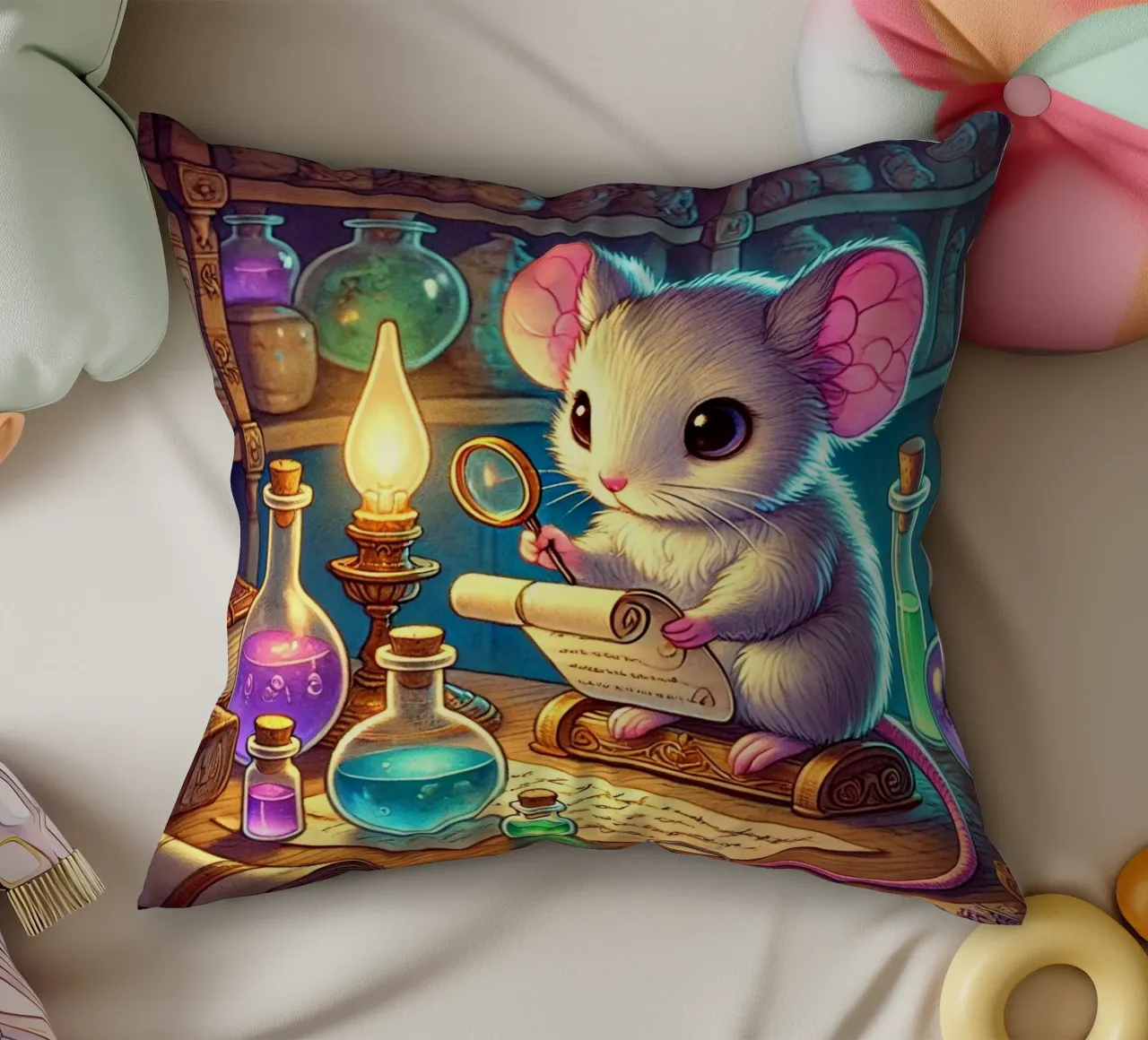 The Curious Mouse Scientist decorative cushion by FluffyToons