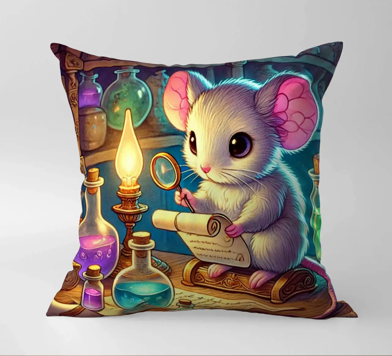 The Curious Mouse Scientist decorative cushion by FluffyToons