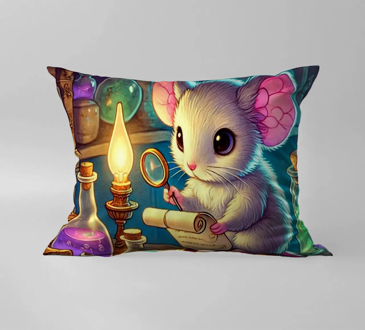 The Curious Mouse Scientist decorative cushion by FluffyToons