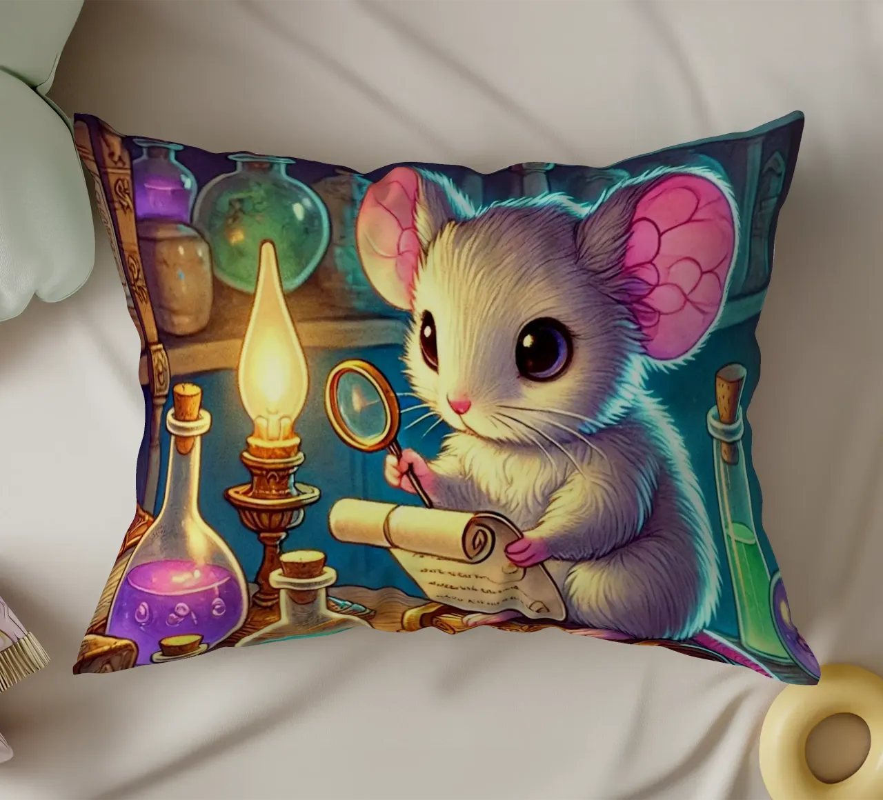 The Curious Mouse Scientist decorative cushion by FluffyToons