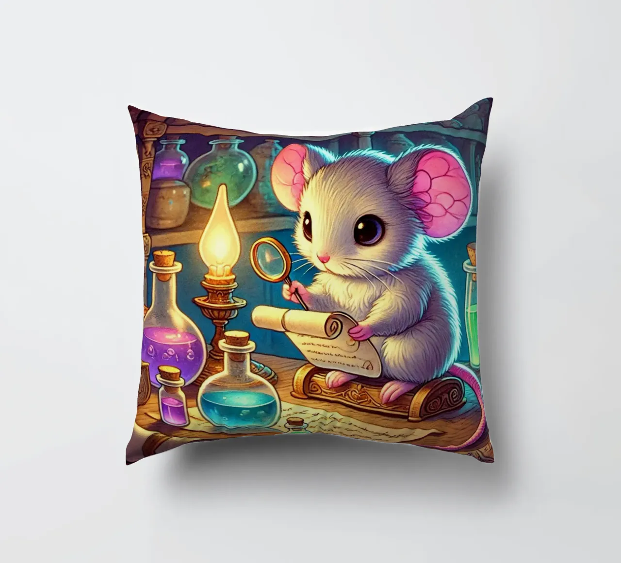 The Curious Mouse Scientist decorative cushion by FluffyToons