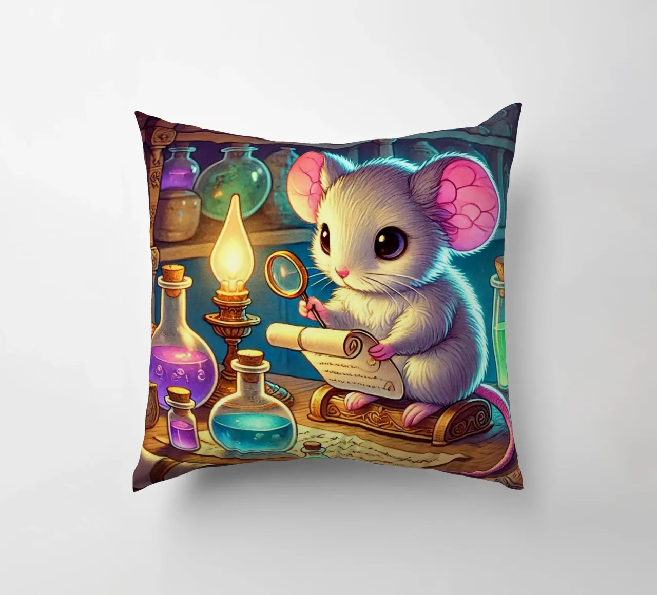 The Curious Mouse Scientist decorative cushion by FluffyToons