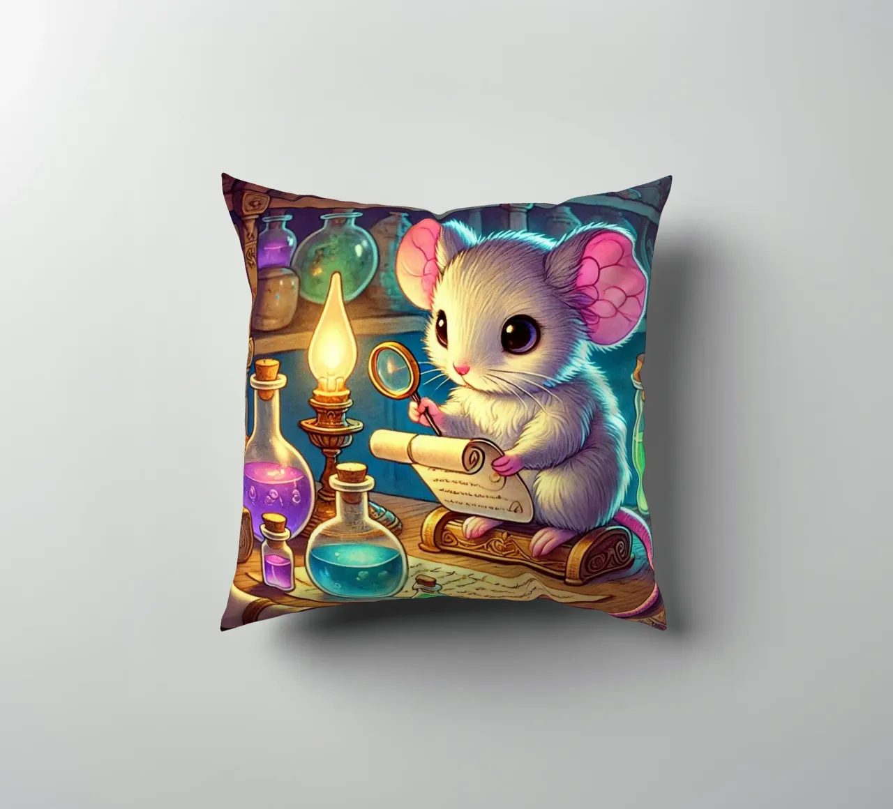 The Curious Mouse Scientist decorative cushion by FluffyToons