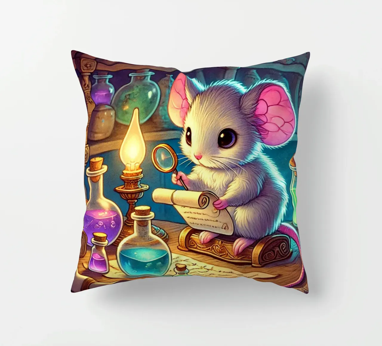 The Curious Mouse Scientist decorative cushion by FluffyToons