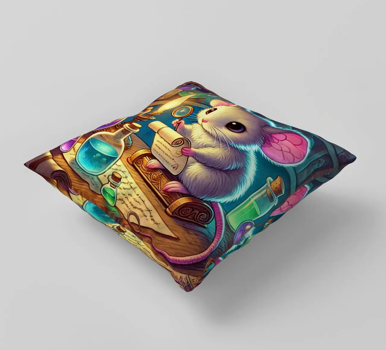 The Curious Mouse Scientist decorative cushion by FluffyToons