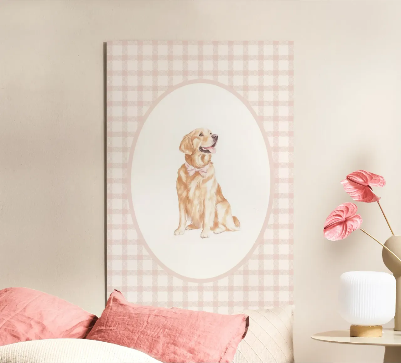 Golden Retriever con fiocco rosa alluminio dibond da Jungle Joy Art