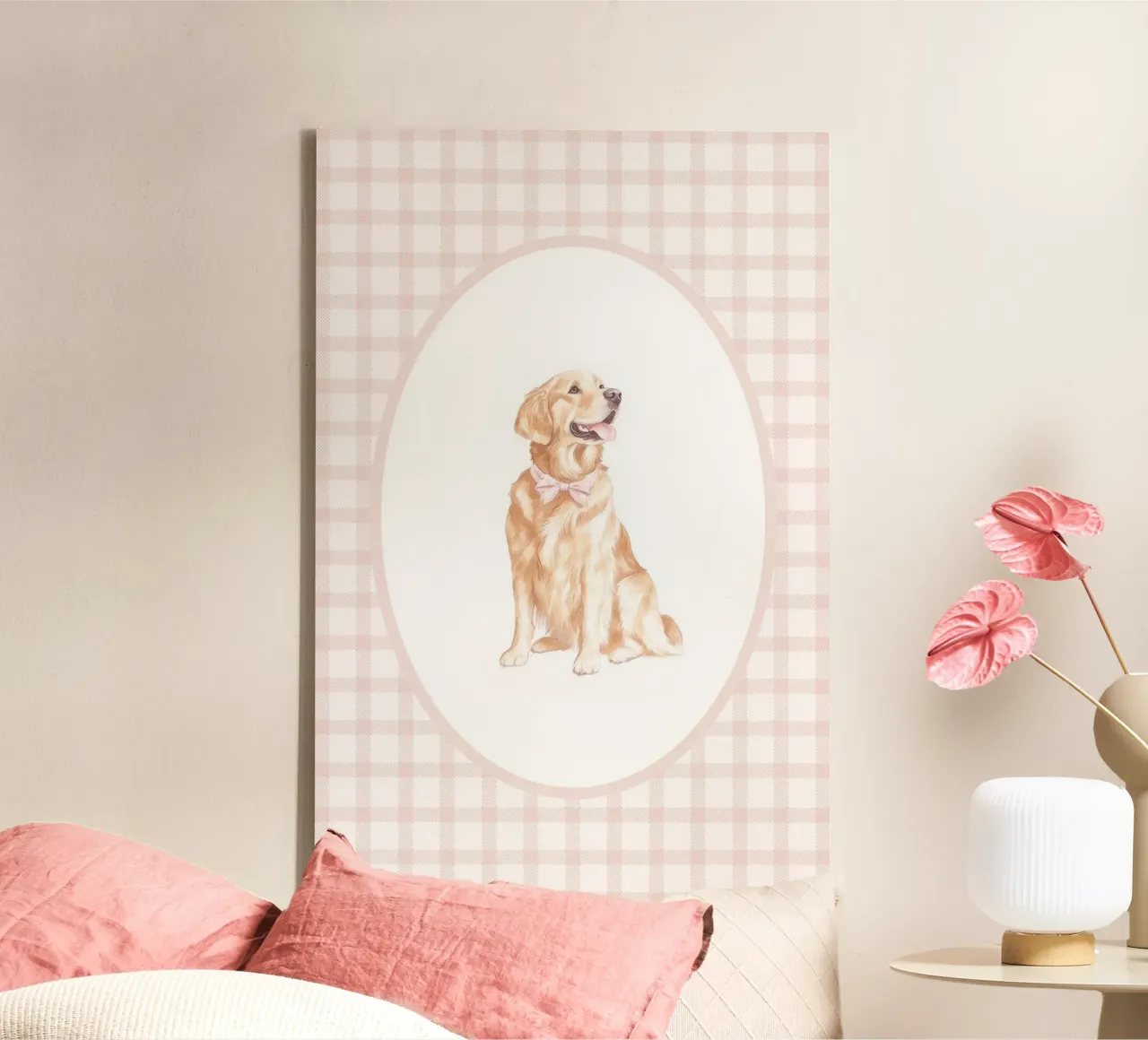 Golden Retriever con lazo rosa lienzo con Marco flotante de Jungle Joy Art