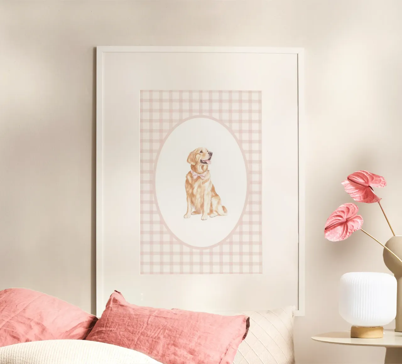 Golden Retriever con fiocco rosa carta hahnemühle da Jungle Joy Art