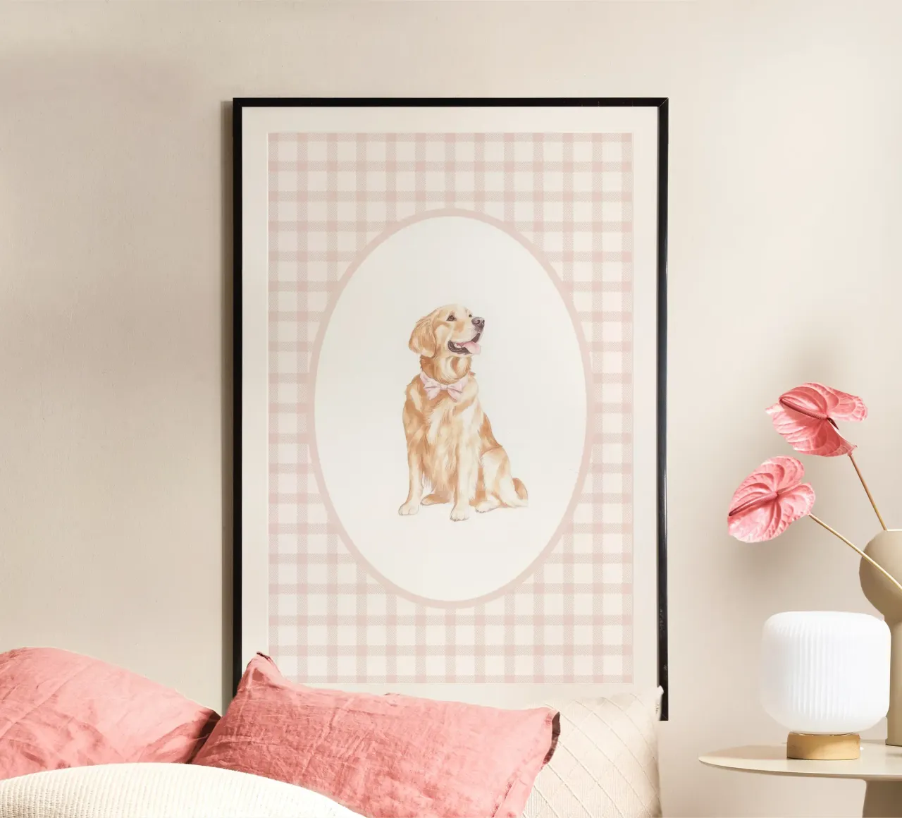 Golden Retriever con fiocco rosa carta hahnemühle da Jungle Joy Art