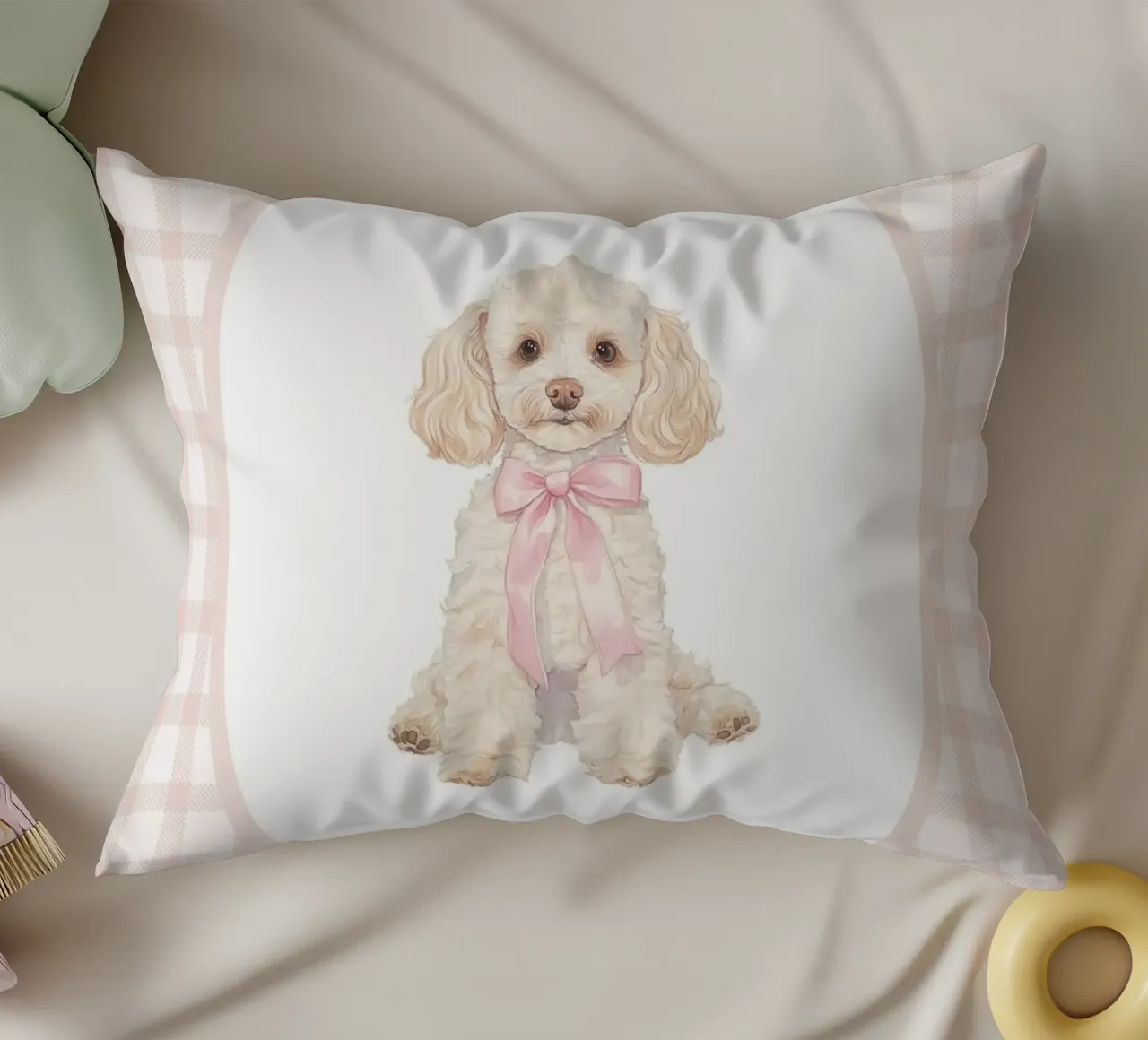 Chien caniche avec noeud rose coussin de Jungle Joy Art