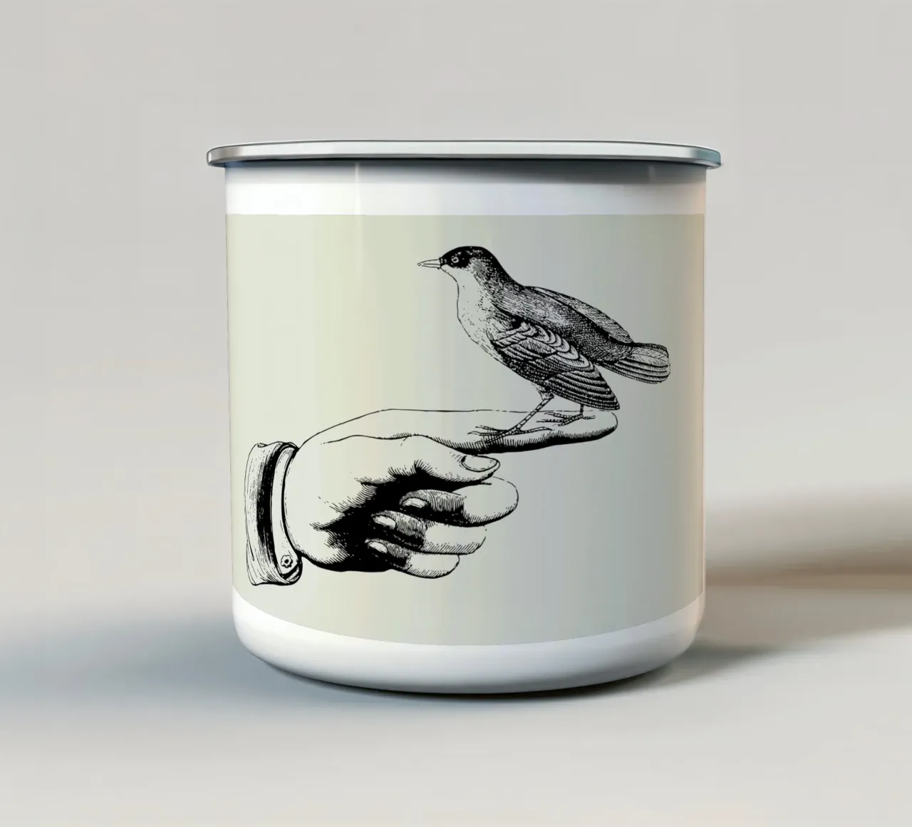 Bird in the hand enamel mug by Jacqueline Maldonado