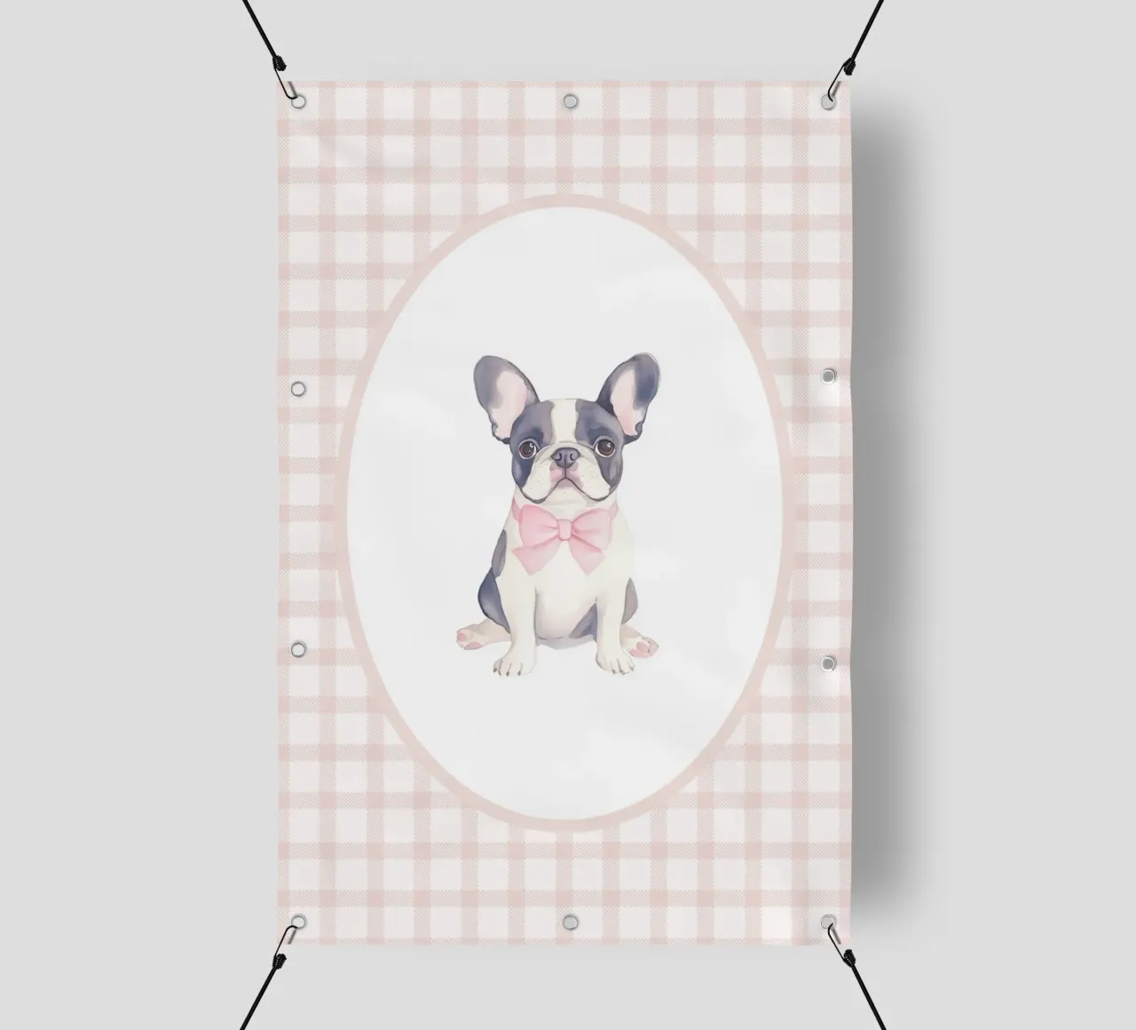 Bulldog francese con fiocco rosa telo in pvc da Jungle Joy Art