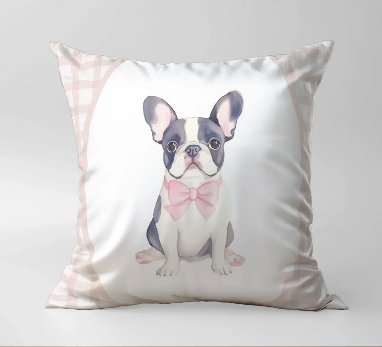 Bulldog francese con fiocco rosa cuscino da Jungle Joy Art