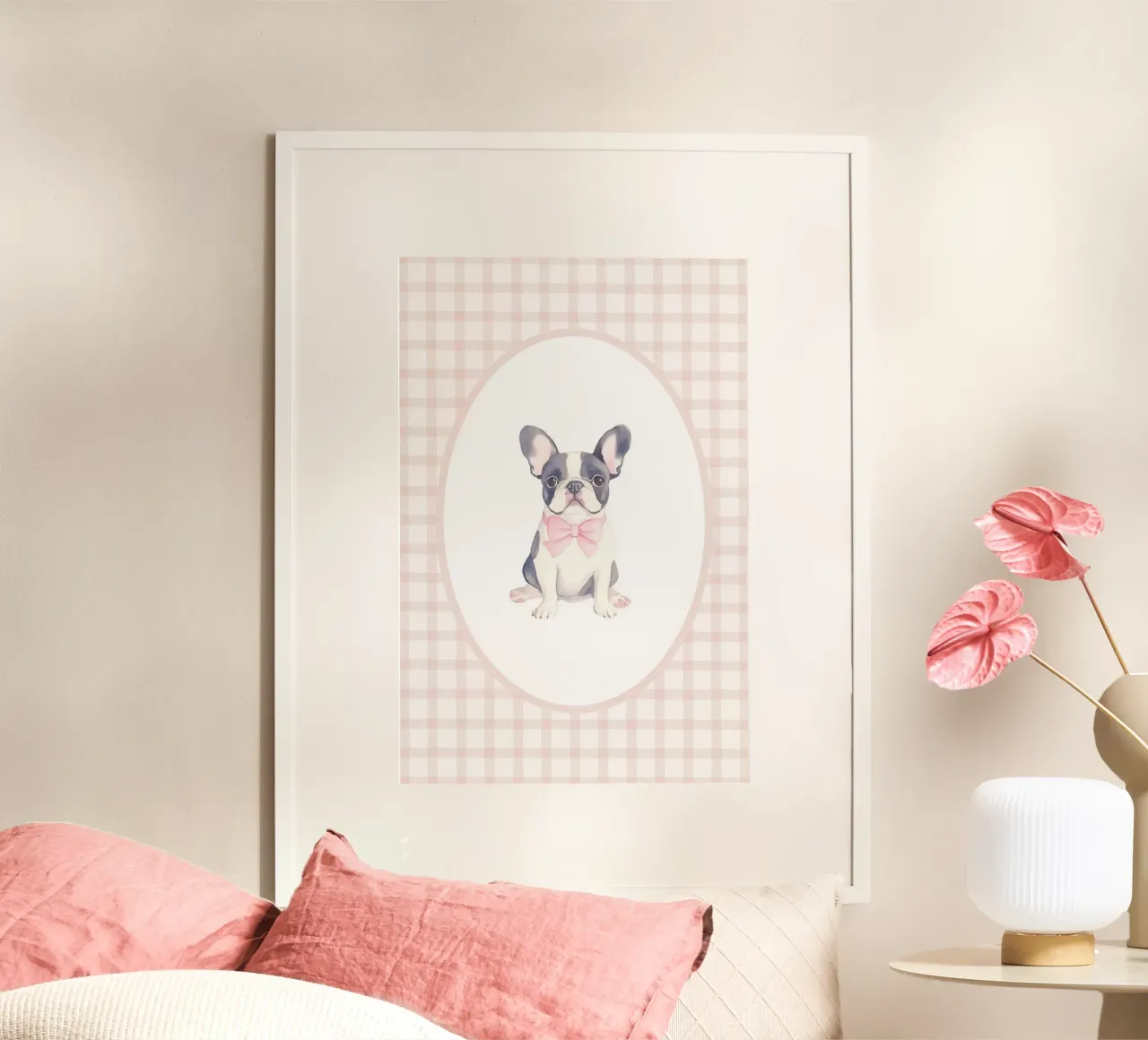 Bulldog francese con fiocco rosa carta hahnemühle da Jungle Joy Art