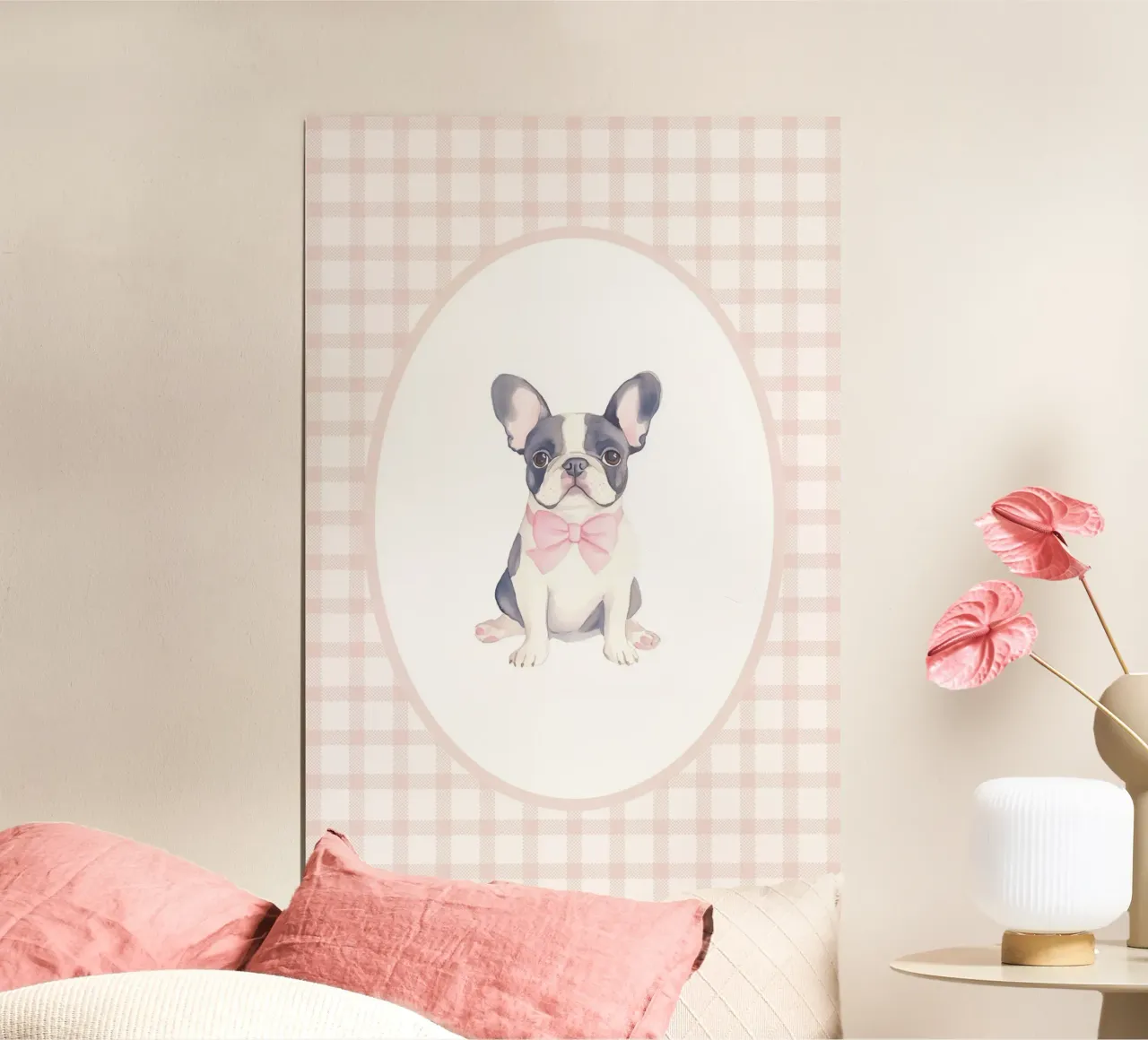 Bulldog francese con fiocco rosa carta hahnemühle da Jungle Joy Art