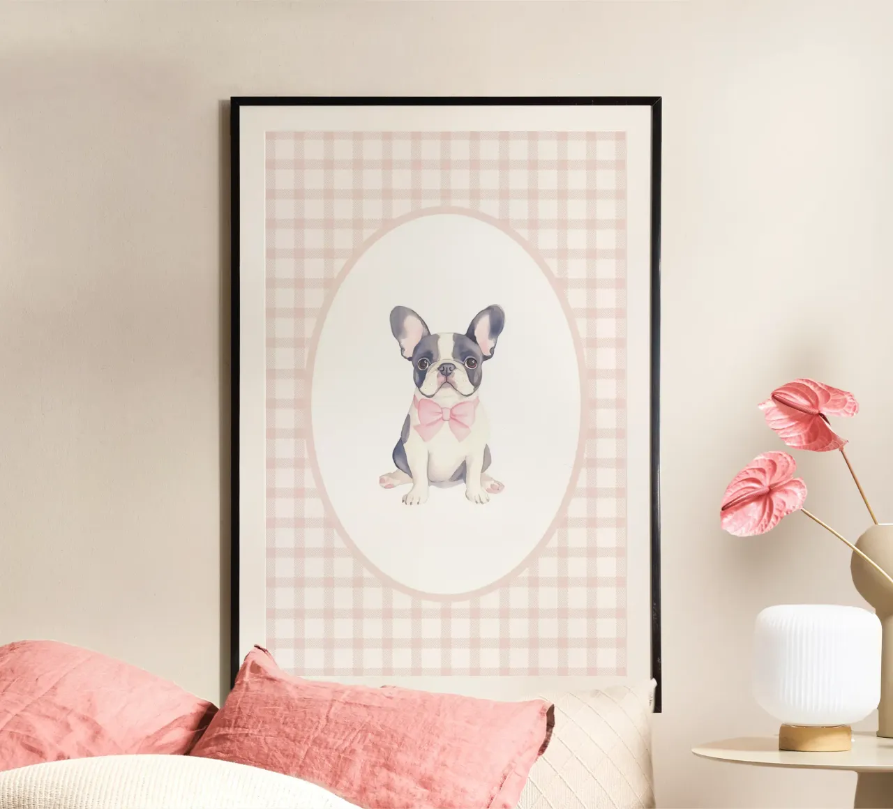 Bulldog francese con fiocco rosa carta hahnemühle da Jungle Joy Art