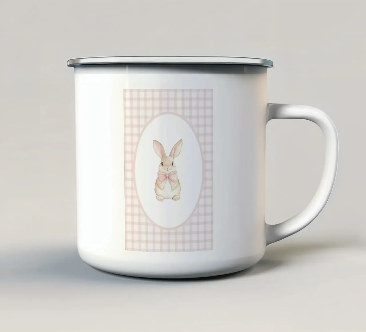 Coniglietto con fiocco rosa tazza in smalto da Jungle Joy Art