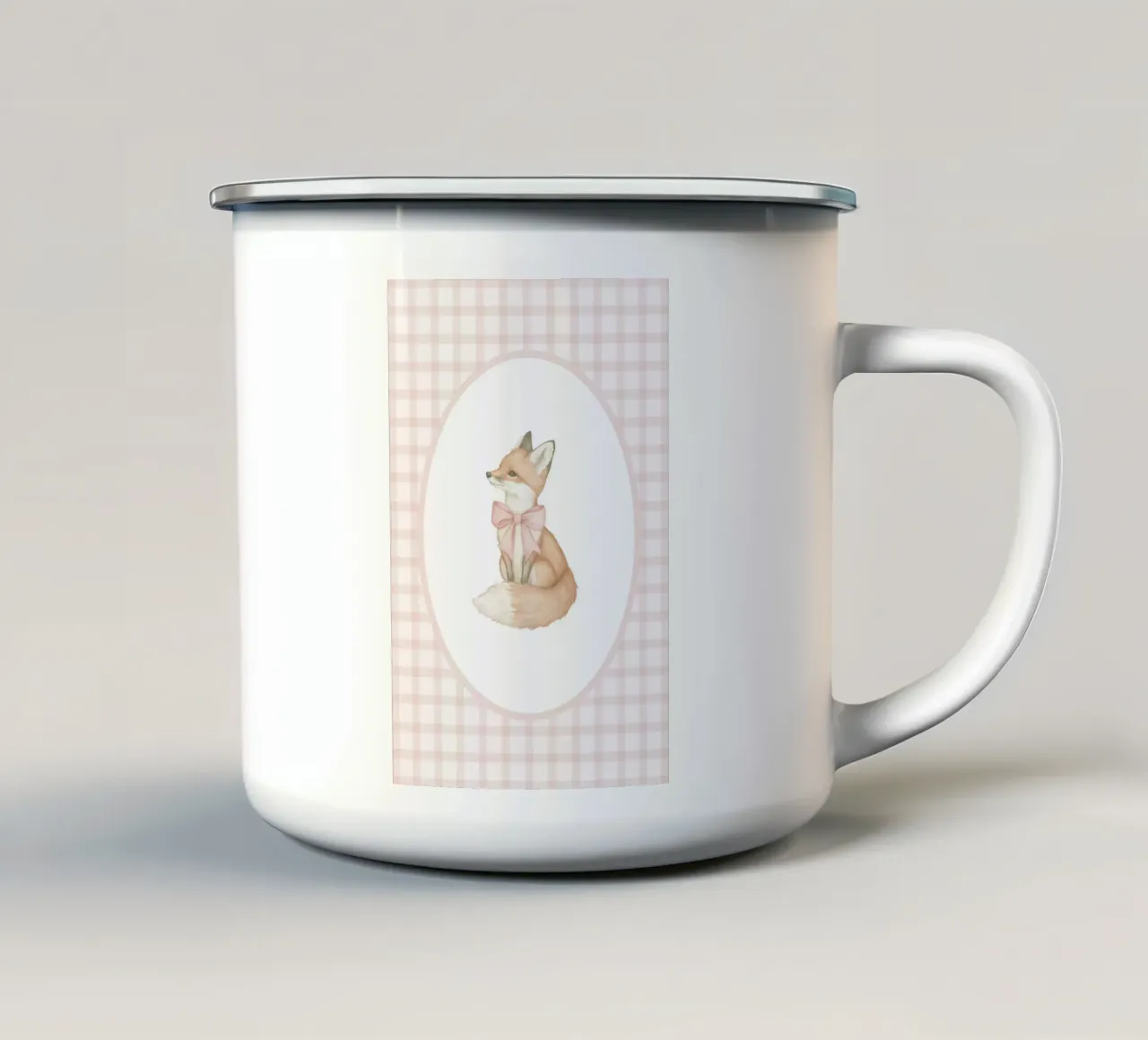 Volpe con fiocco rosa tazza in smalto da Jungle Joy Art