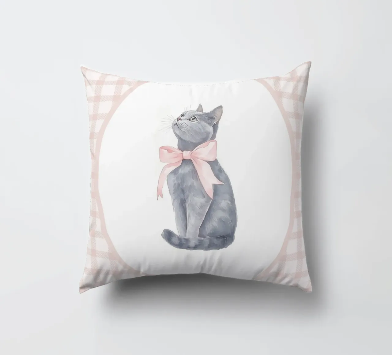 Gatto con fiocco rosa cuscino da Jungle Joy Art