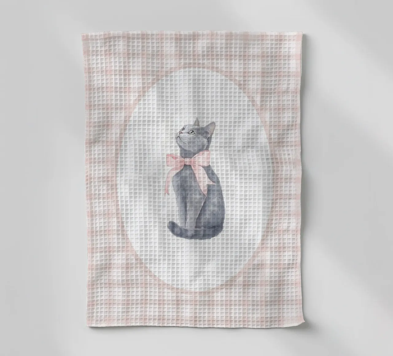 Gatto con fiocco rosa canovaccio da cucina da Jungle Joy Art
