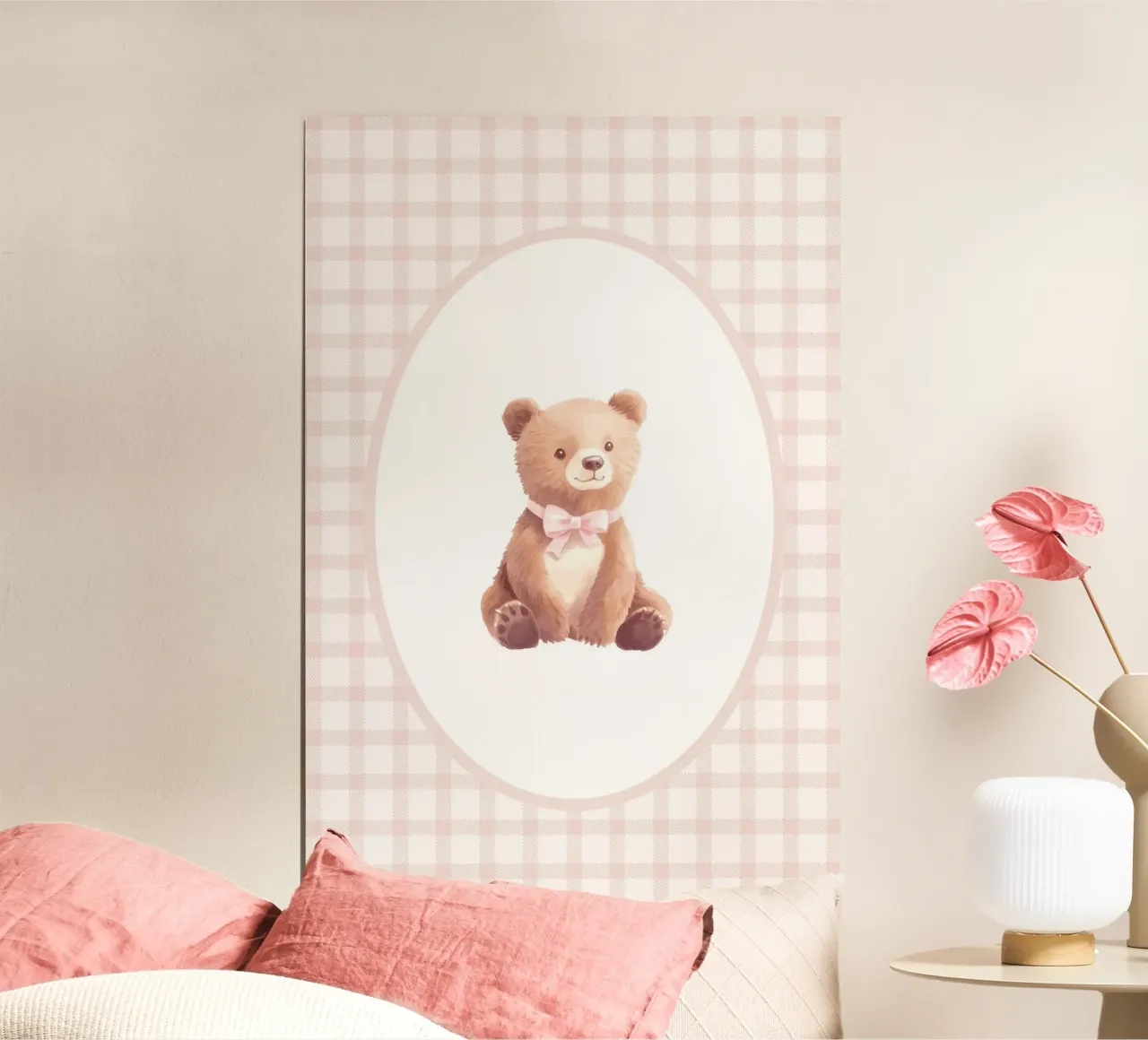 Orso con fiocco rosa poster con telaio in plastica da Jungle Joy Art